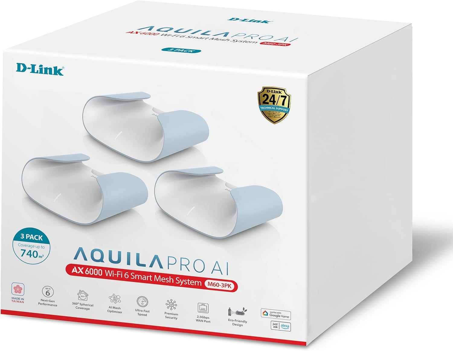 D-Link Aquila PRO AI AX6000 Wi-Fi 6 Mesh System (M60 3-Pack) - Dual-Band Wi-Fi 6 Mesh System, 740Sqm Coverage, 2.5Gbps WAN Port, WPA3 Security, Voice Control image number 4
