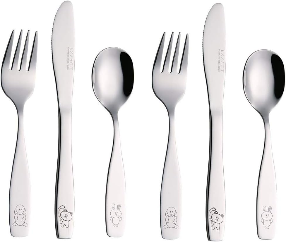 Exzact Children'S Cutlery Stainless Steel 6Pcs/ Kids Fork and Spoon Set/Toddler Flatware - 3 X Forks, 3 X Dinner Spoons - Dog & Bunny Engraved