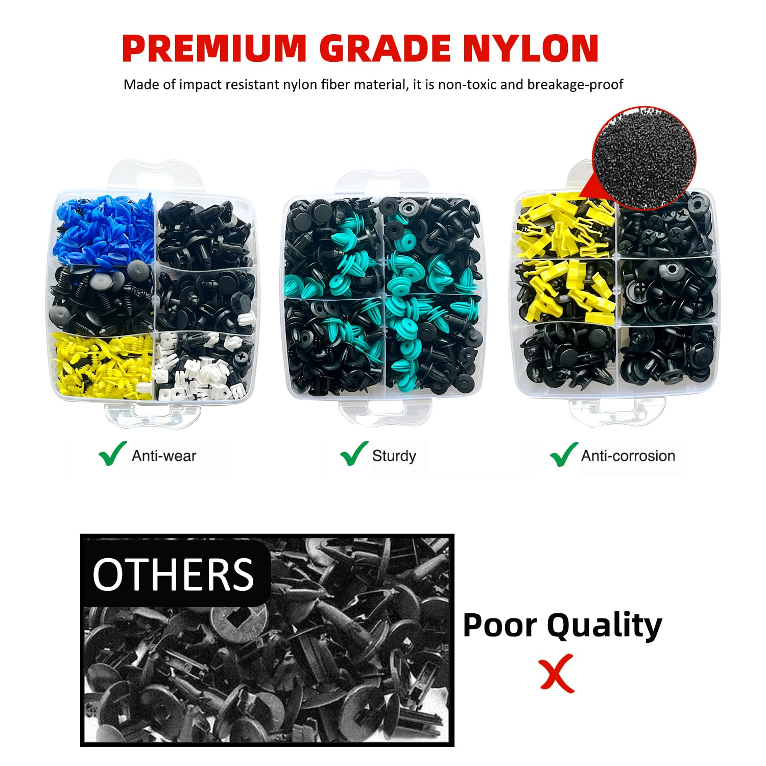 999-Piece Car Push Retainer Clips Body Clips Plastic Fasteners Kit 22 Most Popular Sizes Nylon Auto Push Pin Rivets Set with 5 Removal Tools for Bumper, Fender, Door Trim image number 3