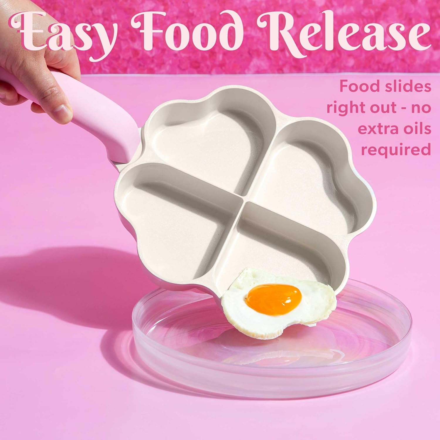 Paris Hilton Heart-Shaped Divided Fry Pan, Ceramic Nonstick Frying Pan with Individual Heart Sections, Dishwasher Safe, 8-Inch, Pink image number 1