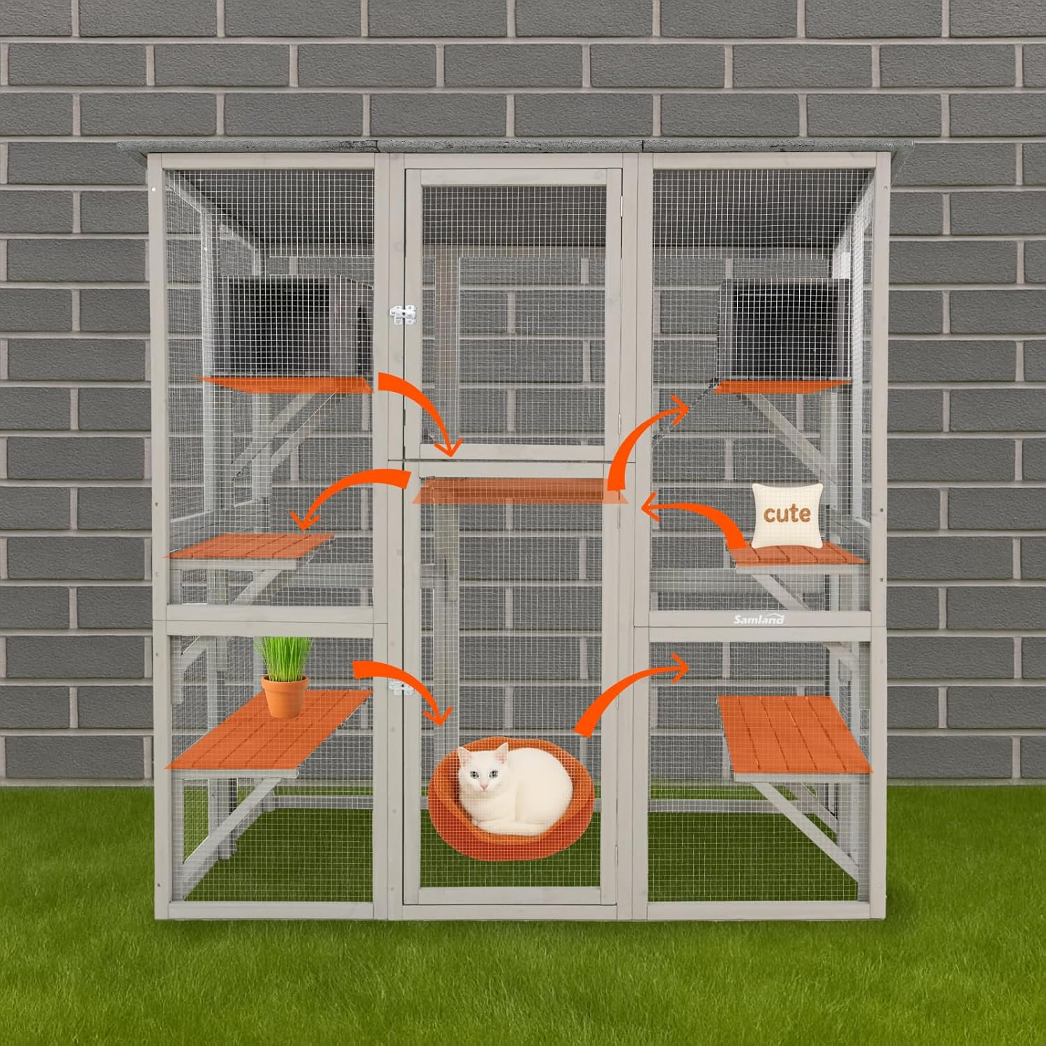 Samland Extra-Large Cat House Outdoor/Indoor Walk-In Enclosure with Huge Door, Wooden Playpen with Platforms & Small Houses &ndash; Spacious Design for Multiple Cats, L181 X W97 X H181Cm image number 2