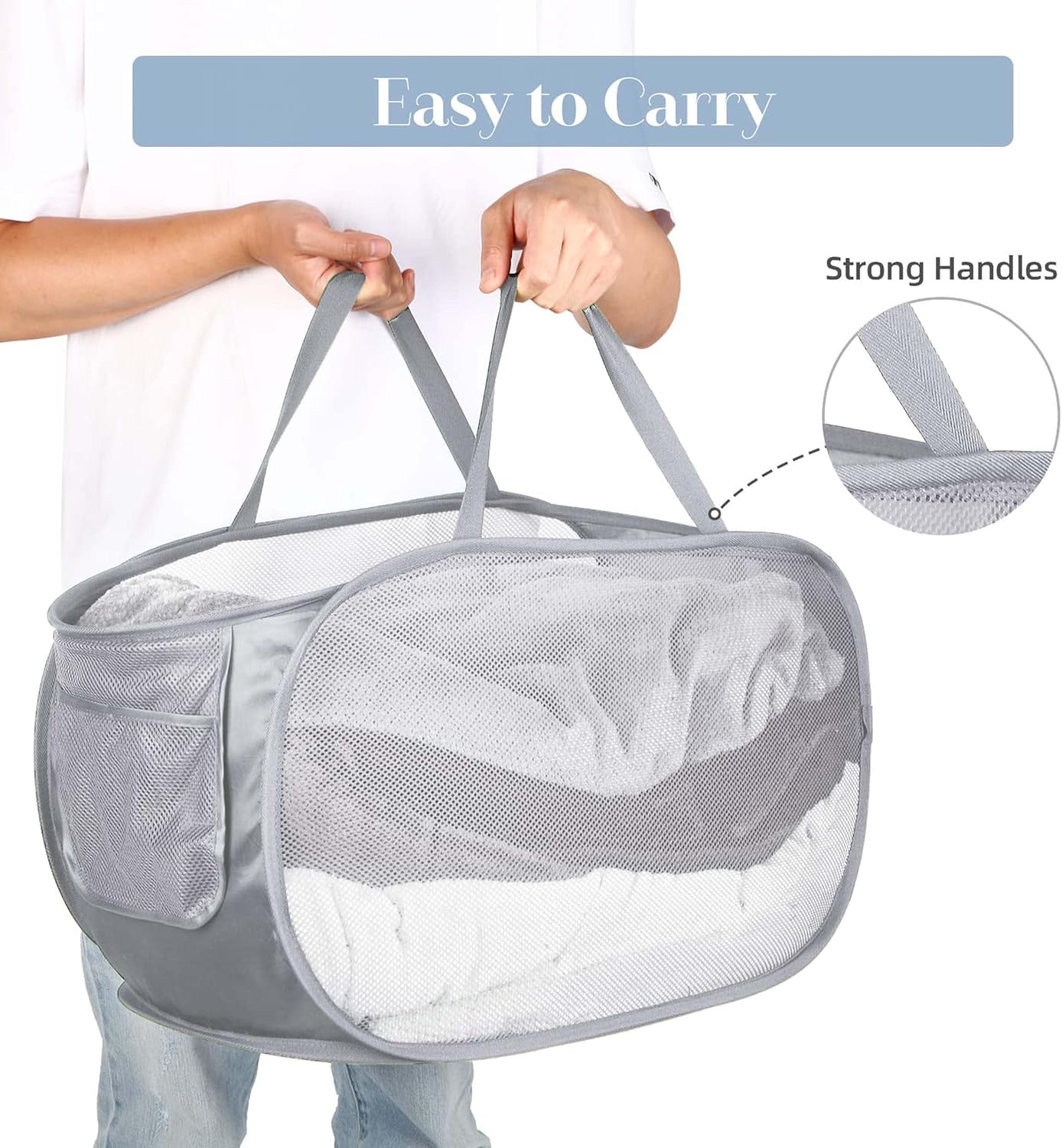 JHZABPO Folding Laundry Basket, Large Capacity, Grey, Breathable Mesh Sides, Collapsible Design