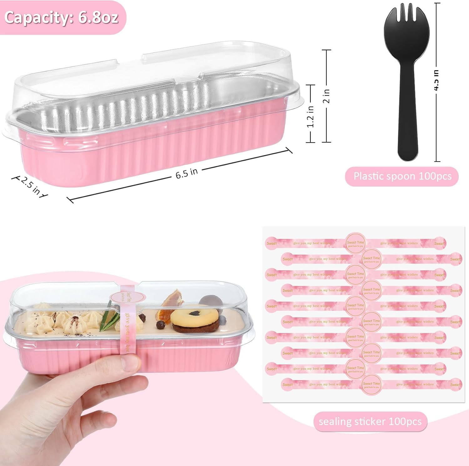 100 Pack Mini Loaf Pans with Lids and Spoons Sealing Sticker, 200Ml Mini Cake Pans for Baking, Aluminum Foil Loaf Pans, Pink Mini Loaf Baking Pans, Small Cake Containers with Lids