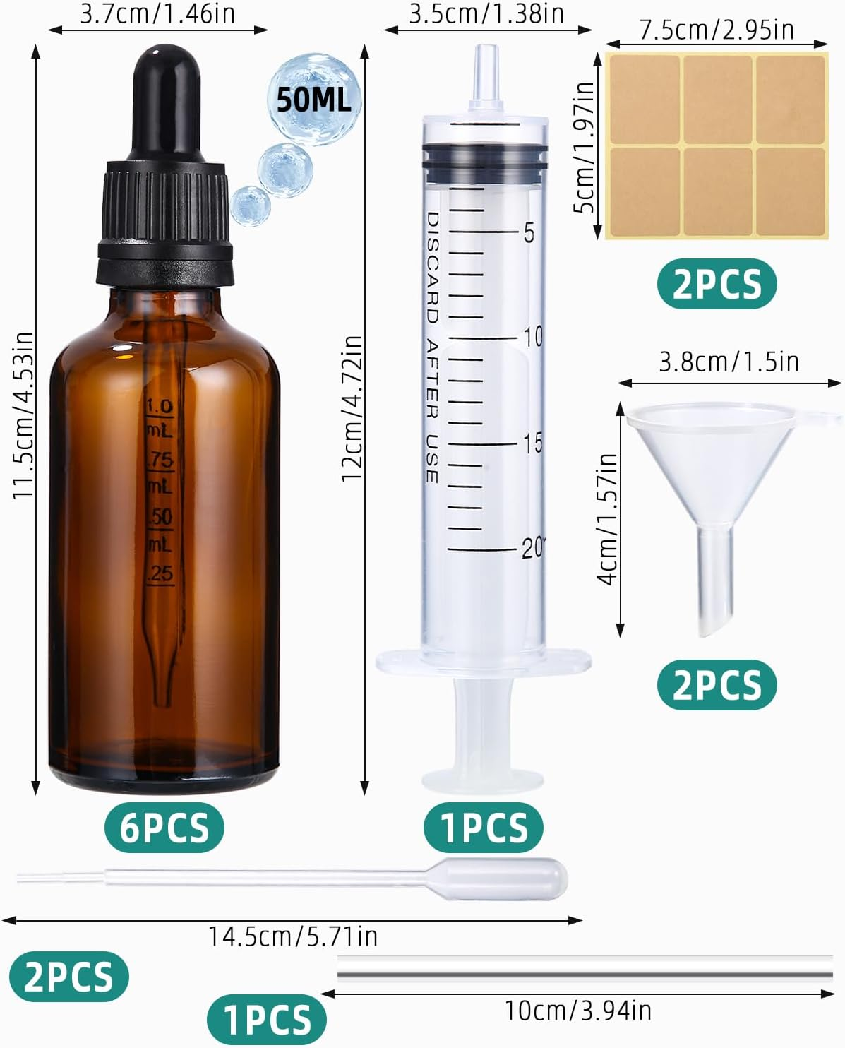 Huifoo 6X50Ml Amber Glass Dropper Bottles, 6 Pieces 50Ml, Essential Oil, Perfume, Remedies, Solutions, Aromatherapy, Travel, Personal Care, BPA Free, Reusable, Leak Proof, UV Protection image number 1