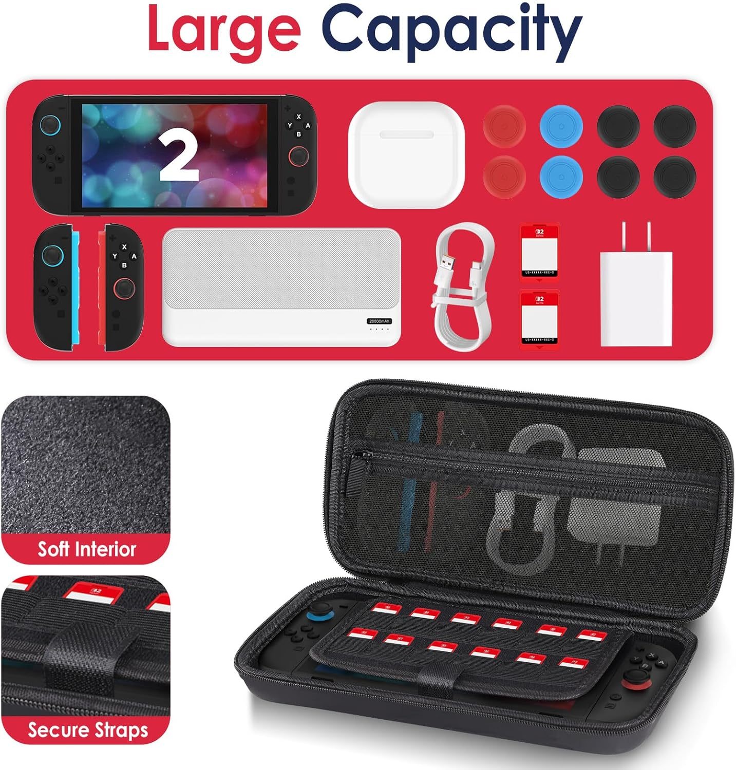Simpeak 3 in 1 Accessories Travel Carrying Case Compatible with Switch 2 (2025), 1X Hard Shell Storage Bag with 2X Tempered Glass Screen Protector and 2 Pairs Thumb Grips Caps image number 4