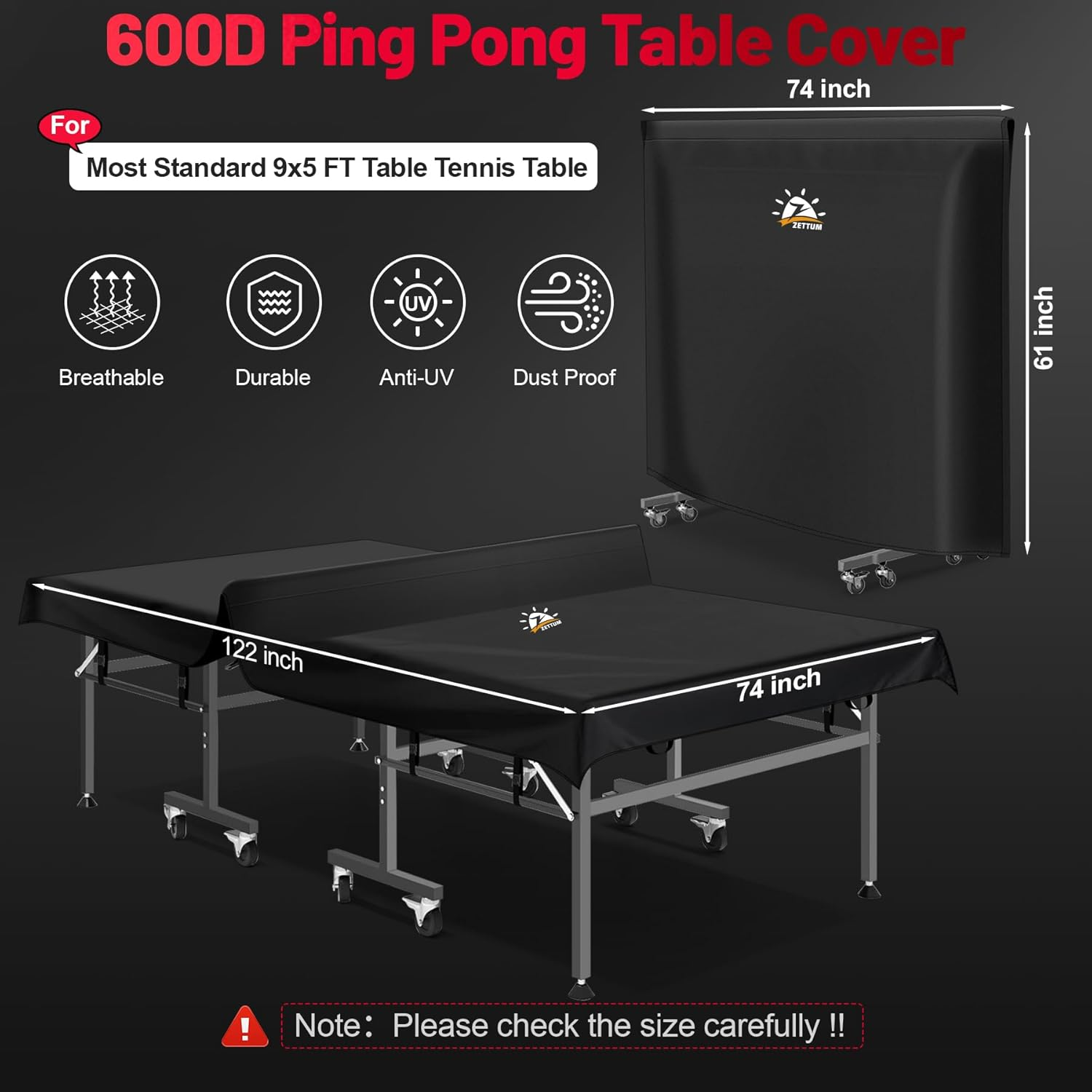 Zettum Ping Pong Table Cover - Waterproof & Heavy Duty Table Tennis Covers, Indoor Outdoor Tables Cover Fits Universal 9X5 FT Folding & Flat Tables, Durable 600D Covers Provide All-Weather Protection image number 3
