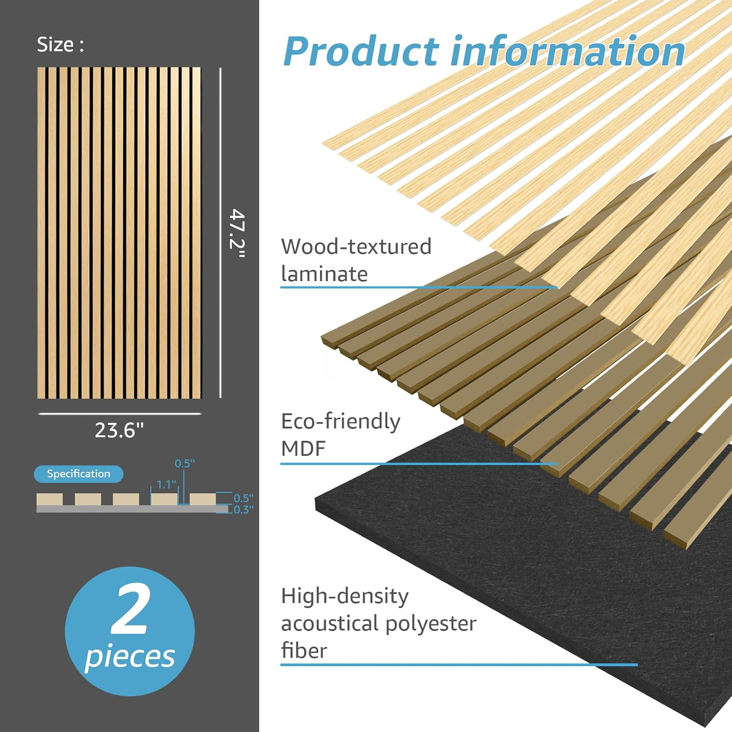 Art3D 2-Pack Wood Slat Acoustic Panels for Wall & Ceiling, Wood-Laminate Soundproof Wall Panel for TV Wall Background, Living Room, Accent Wall, Kitchen Island, Office - 120 X 60 CM, Oak - Matte Black image number 7