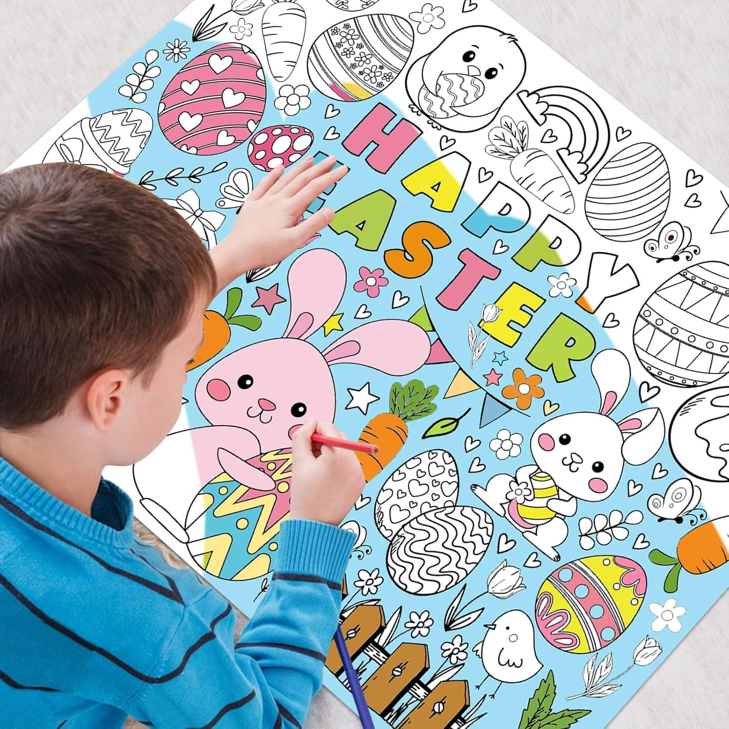 Easter Coloring Poster for Kids Giant Coloring Poster Easter Coloring Tablecloth Jumbo Easter Coloring Poster for Classroom Easter Party Favors Boys Girls Happy Easter Day Party Poster 43.3"X 31.4" image number 1