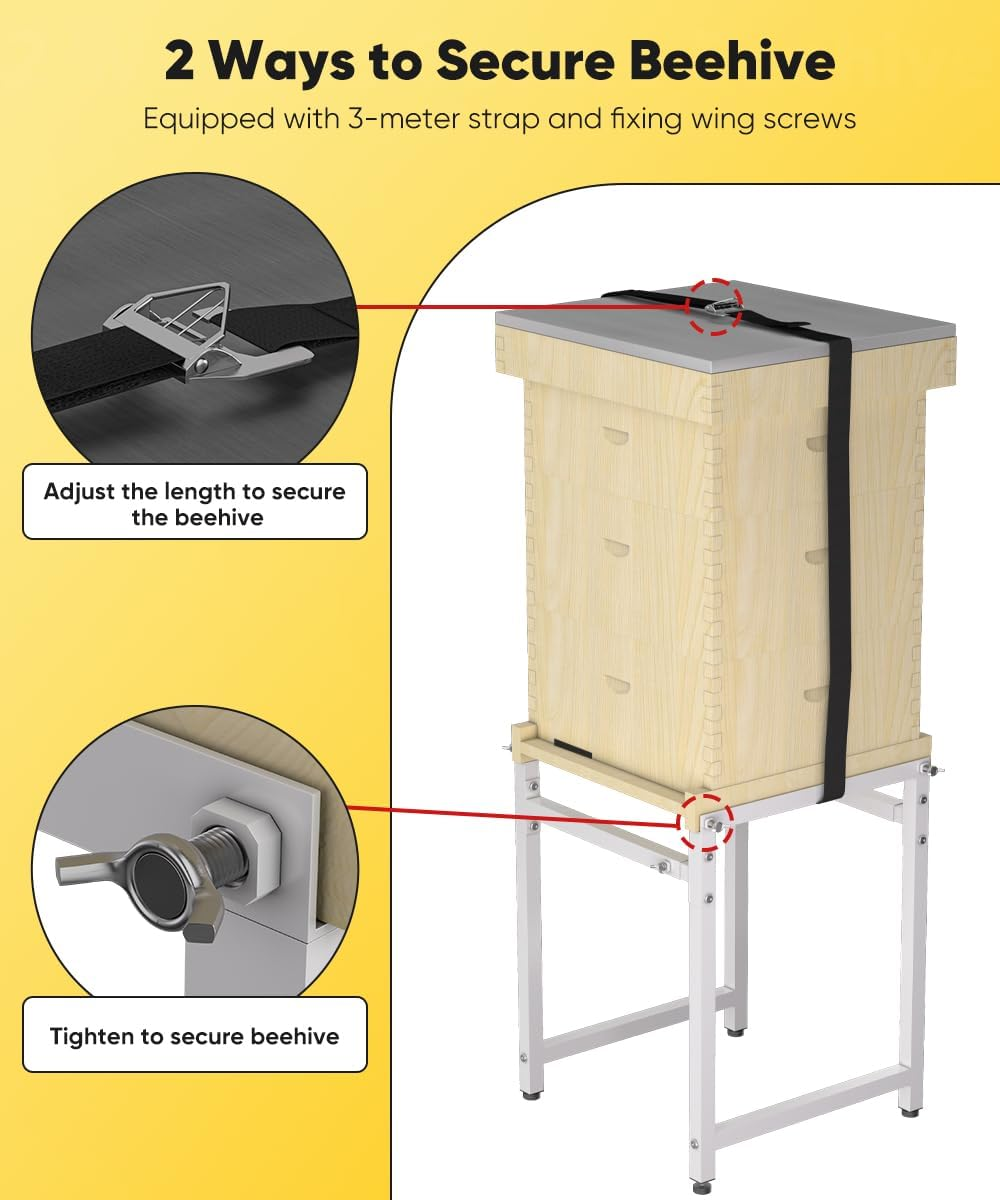 Adjustable Metal Bee Hive Stand with 120-Inches Strap for 8 & 10 Frame Beehives Box, 12 to 19 Inches Width Beehive Frame Holder, Heavy Duty Flow Hives Stands Base for Beekeeping, White - Black image number 7