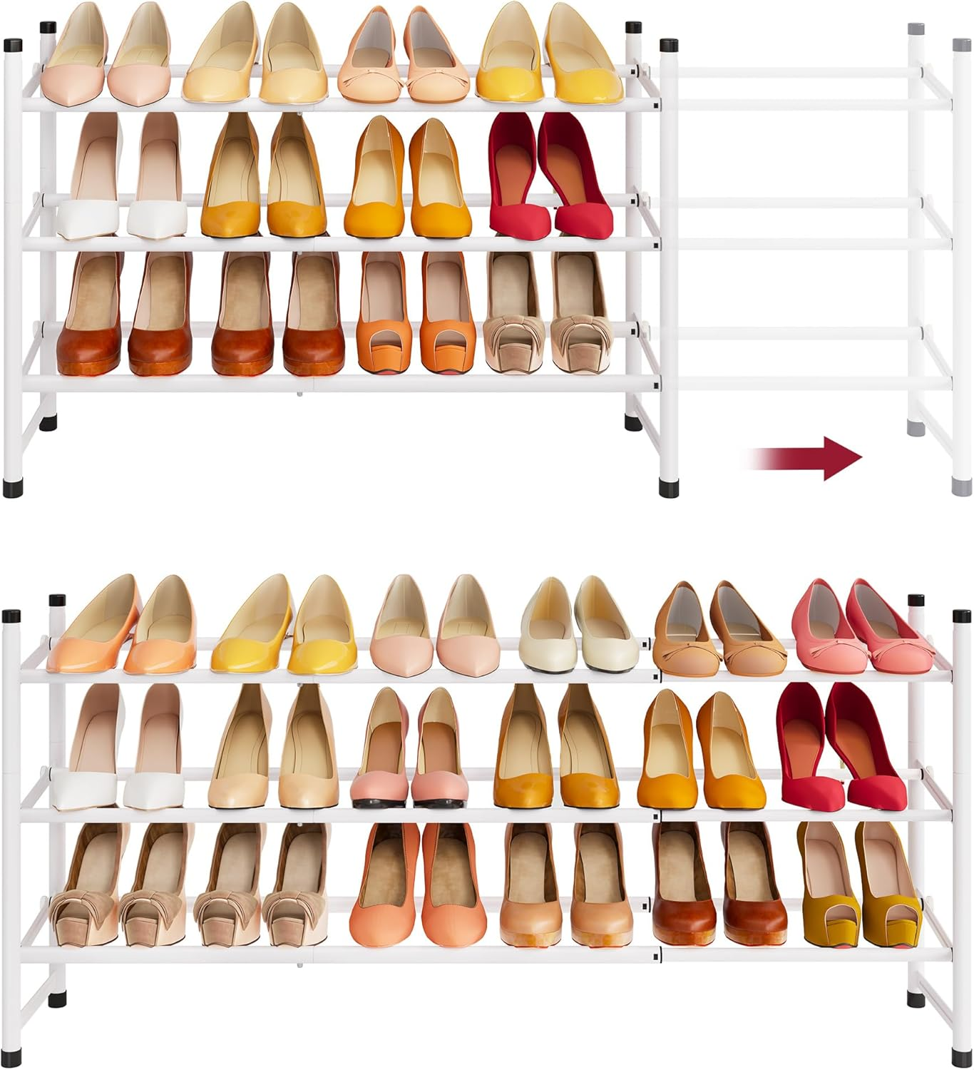 Tajsoon Expandable Shoe Rack for Closet 3 Tier, 28&ldquo;-41&ldquo;Adjustable & Stackable Shoe Shelf Storage, Metal Shoe Rack Organizer for Front Door Entrance, Closet, Garage, Entryway, White image number 4