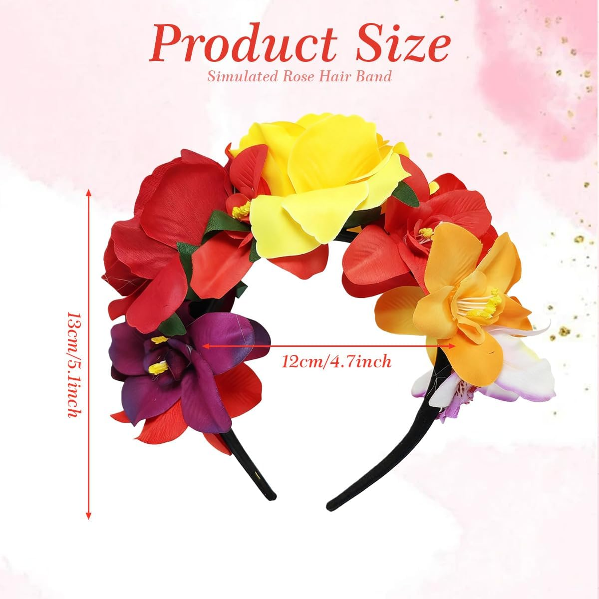 Mexican Flower Crown Headband Halloween Flower Headband Bohemia Floral Hairband Rose Flower Crown Party Costume Day of the Dead Headpiece Cosplay Hair Accessories image number 2