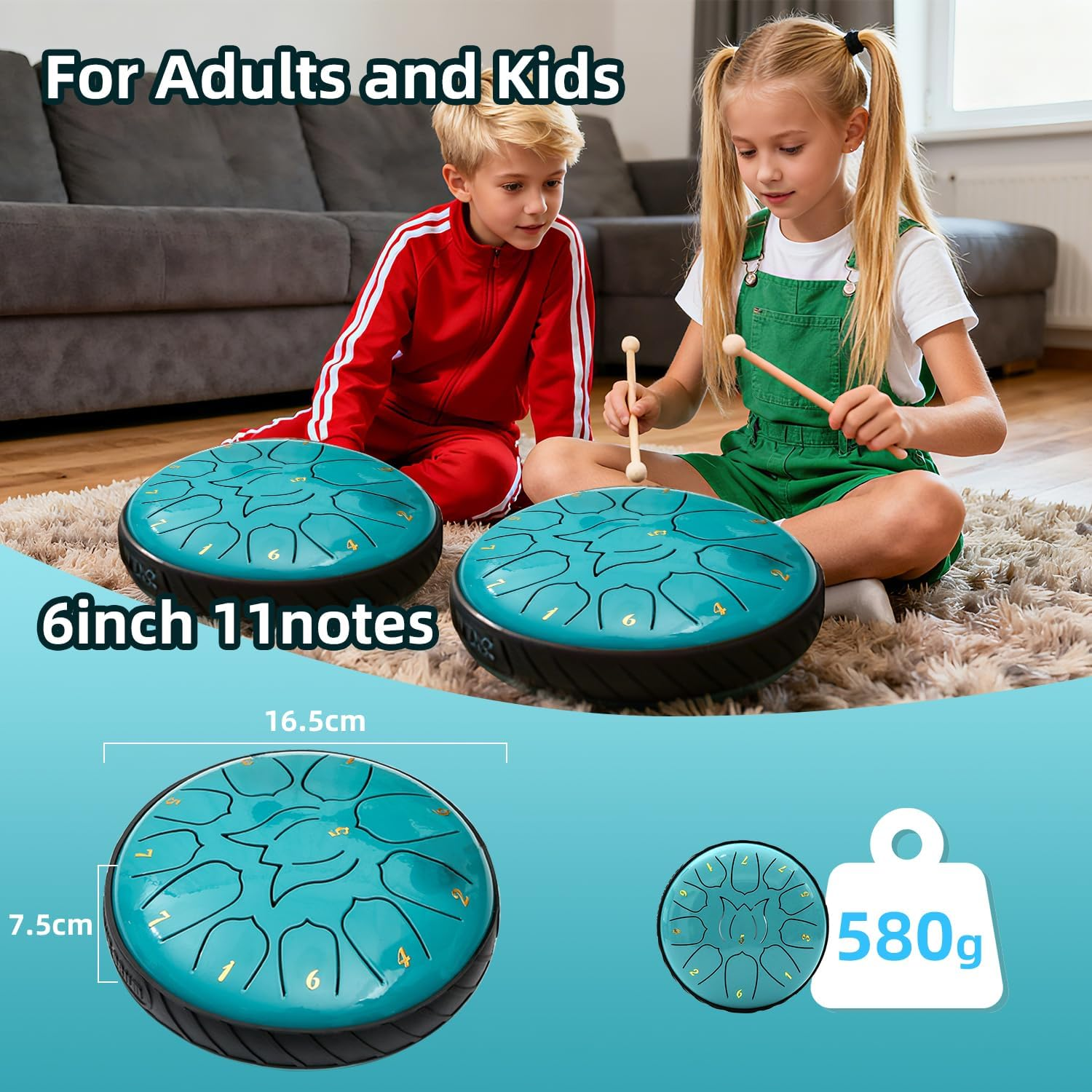 Yazoni Rain Drums 6 Inch 11 Notes - Steel Tongue Drum with Music Book, Hand Drum Mallets, Finger Picks and Carrybag, Rain Chime for Adults Entertainment, Musical Education, Yoga, outside the Garden image number 4