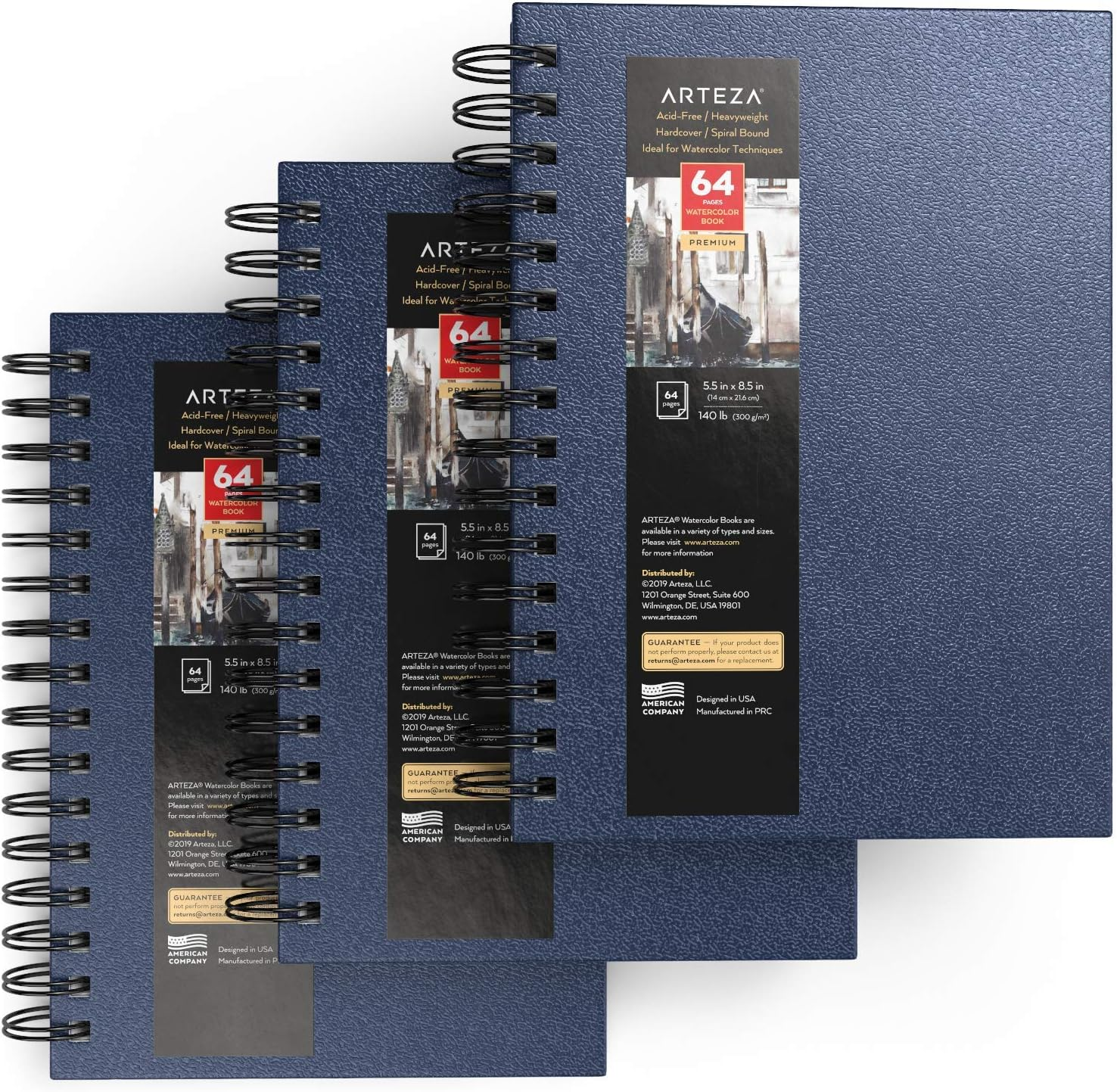 Arteza Watercolor Sketchbooks, 5.5X8.5-Inch, 3-Pack, Blue Hardcover Journal, 96 Sheets, 140Lb/300Gsm Watercolor Paper Pad, Spiral Bound Book for Watercolor, Gouache, Acrylics, Pencils, Wet & Dry Media image number 5