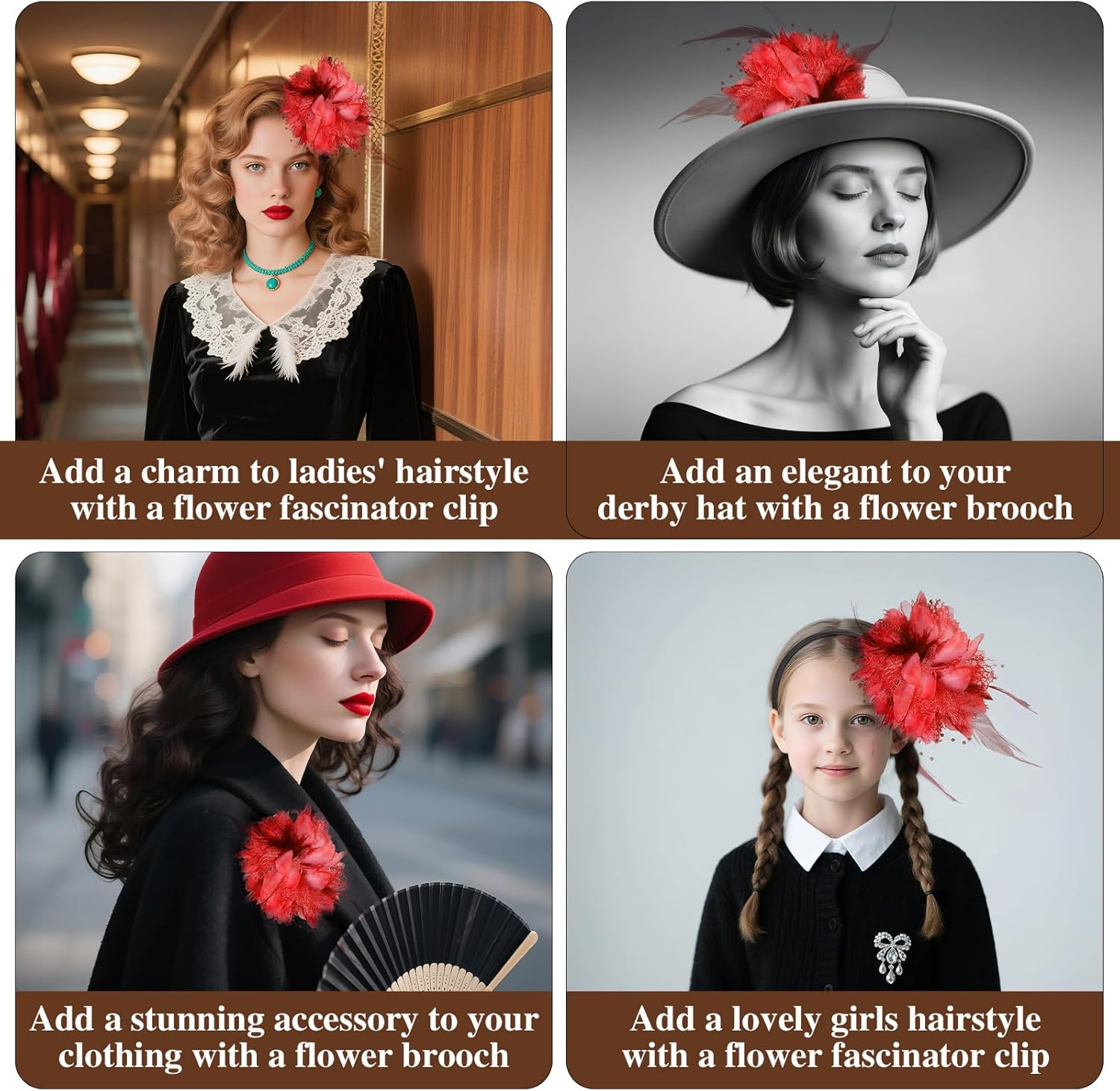 Gjinxi Feather Headband with Artificial Flowers for Women, 1920S Fascinator Headpiece, 20S Headband, Veil Hair Band for Wedding Cocktail Dresses Accessories Carnival