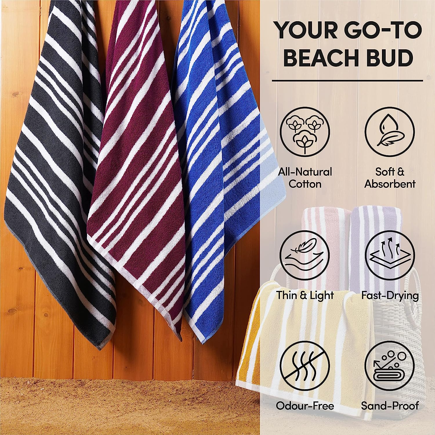 Trends Alley Amalfi Beach Towels (Pack of Two) | 100% Cotton Beach Towels (75X157 Cm) | Sand-Free & Quick to Dry | Cabana Striped Bath Towels Set for the Beach, Pool, Travel & Spa - Anthracite image number 3