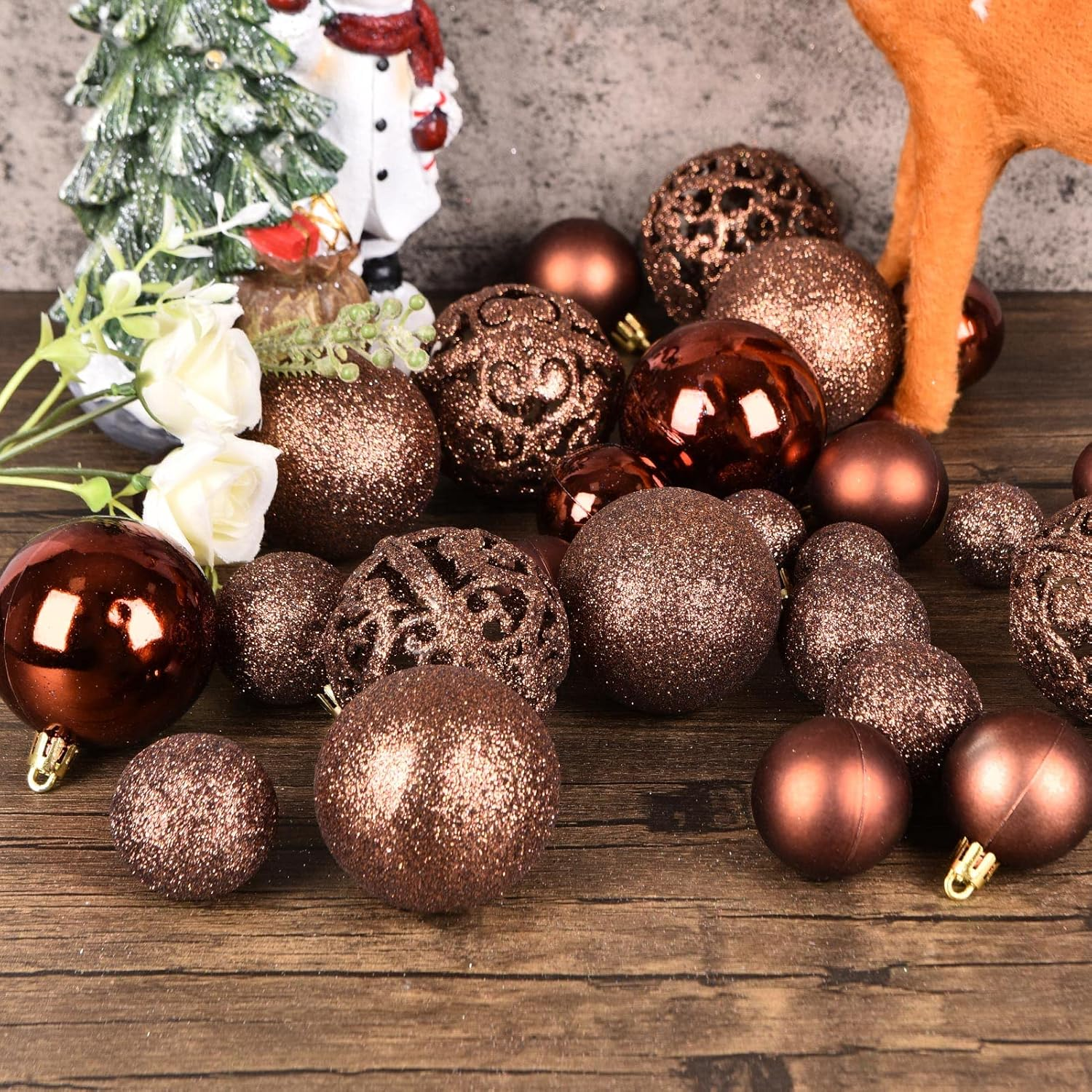 100Ct Christmas Balls Tree Ornaments, Shatterproof Christmas Tree Decorations Set with Reusable Hand-Held Gift Package for Holiday Xmas Tree Decor (Brown) - Black image number 6