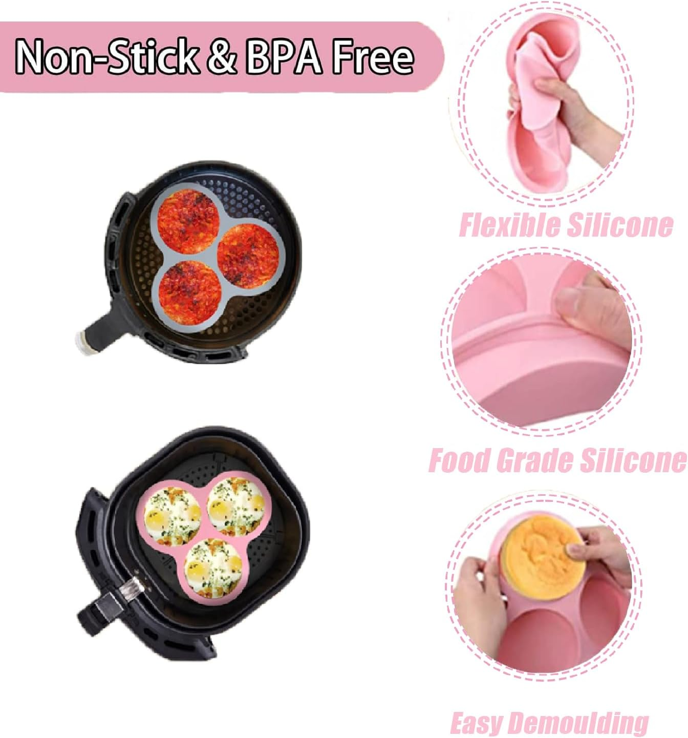 Wzenclave 2Pcs Silicone Air Fryer Egg Mold Reusable Bpafree Silicone Baking Cups Nonstick 3Chamber Heat Resistant Silicone Muffin Pan for Air Fryer and Microwave Fit to Hamburger Bun Pie Cake Egg image number 2