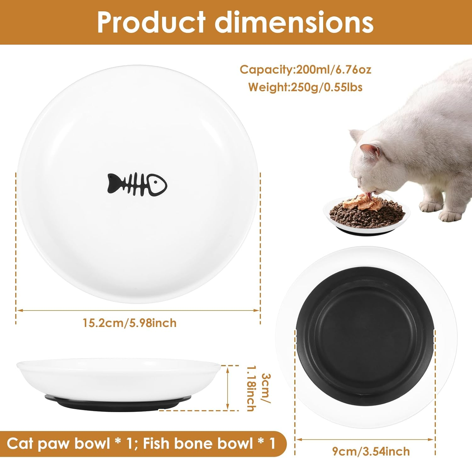 2/4Pcs Pet Plate, Raised Cat Food Bowl Ceramic Cat Dishes with Nonslip Silicone Base Pad Shallow Wide Kitten Bowls for Wet/Dry Food Indoor Pets (White 01) - White 01 image number 5