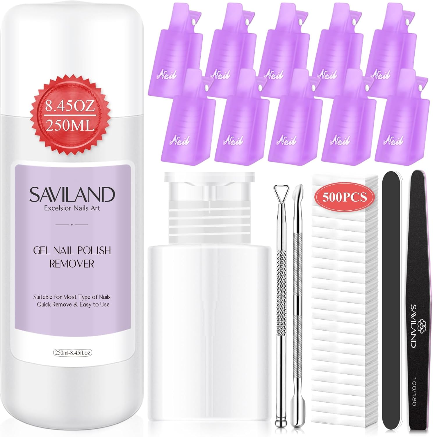 SAVILAND Gel Nail Polish Remover Kit: 250ML Nail Polish Remover with Nail Clips, Nail Tools,Cuticle Pusher, 500PCS Cotton Pad Nail Remover Manicure Kit for Salon Home DIY image number 1