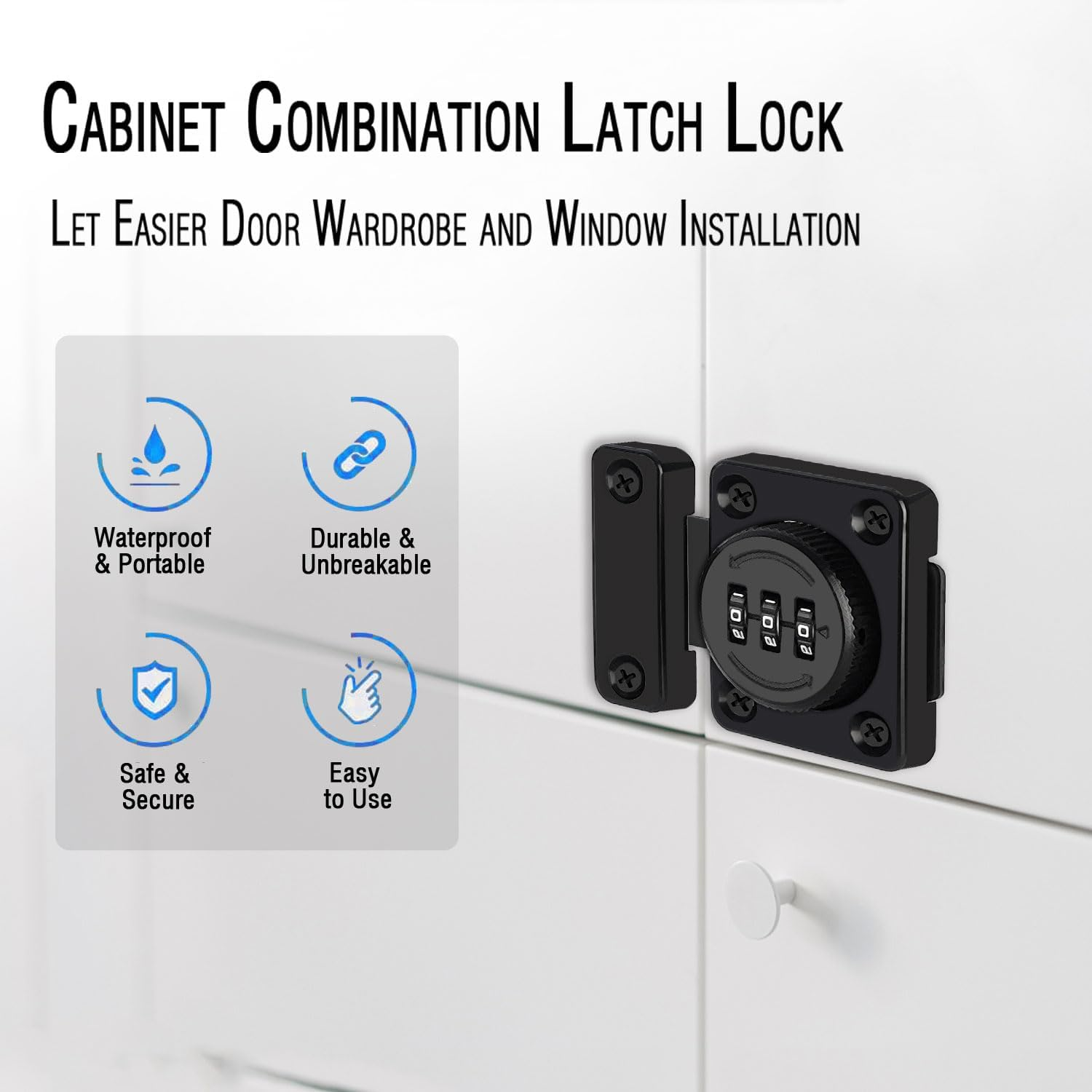 Portable Cabinet Combination Latch, 3-Digit Password Hasp Latch Lock,Cabinet Door Lock for One-Way Door, Cabinet, Drawer, Office File Cabinet Door (Black) image number 4