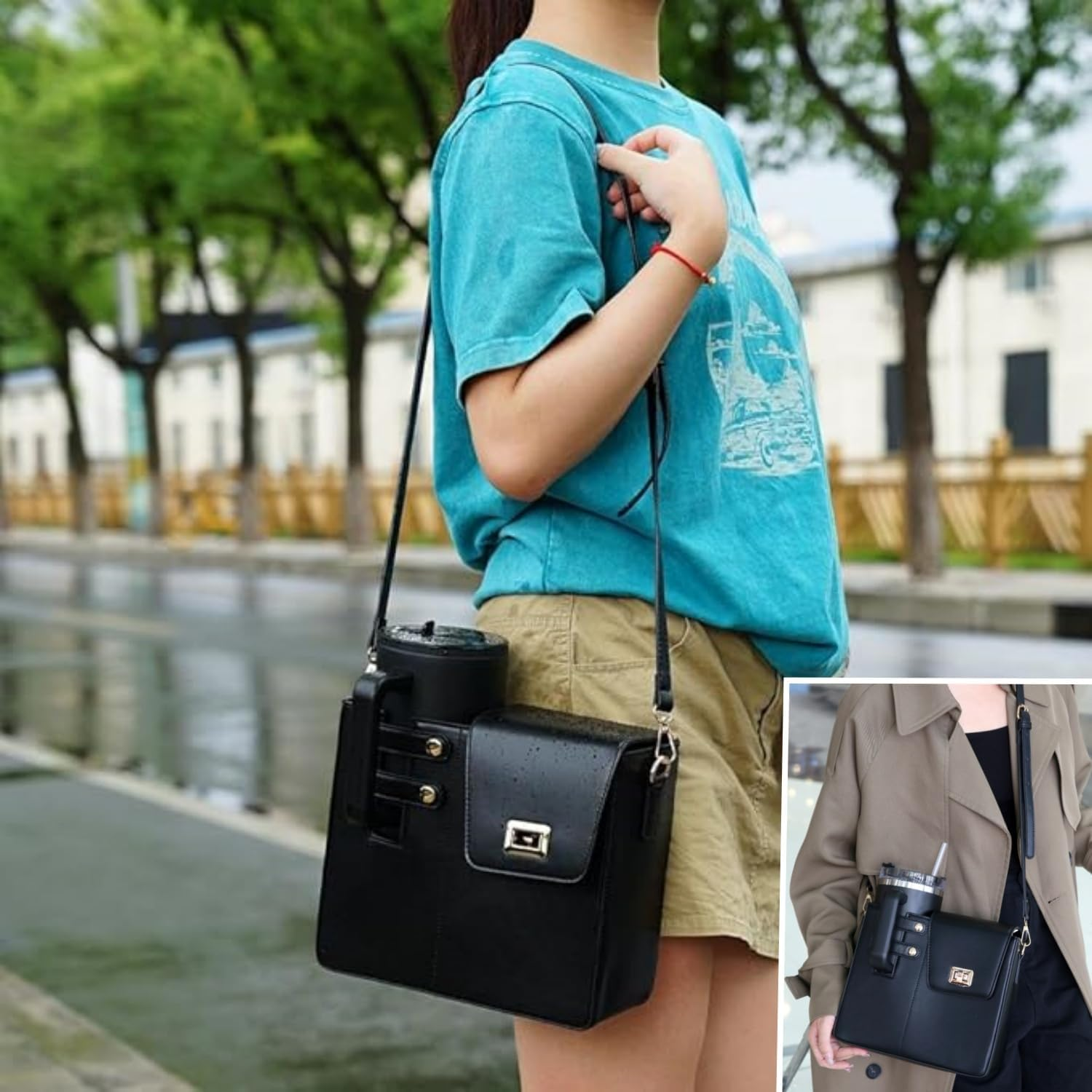 Taicols Water Bottle Bag Crossbody,Water Bottle Carrier Bag for Stanleys Cup,Pu Cup Bag with Adjustable Shoulder Strap,Water Bottle Holder Crossbody, Portable Crossbody Water Cup Storage Bag - Pink image number 5