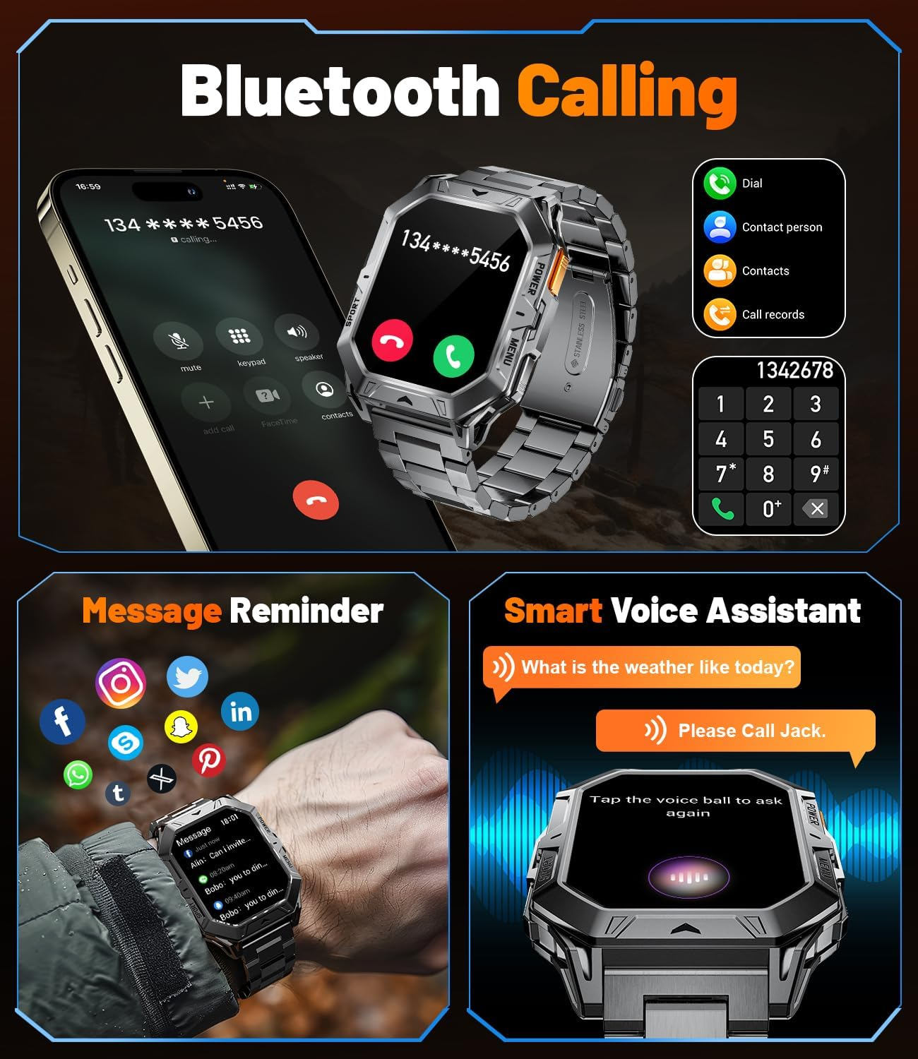 Military Smart Watch for Men (Answer/Make Calls), 2.13" AMOLED, 1000Mah Battery, Barometer/Altimeter/Compass, 100+ Sports Modes, Health Tracking, 10ATM Multifunctional Activity Tracker for Android Ios image number 2