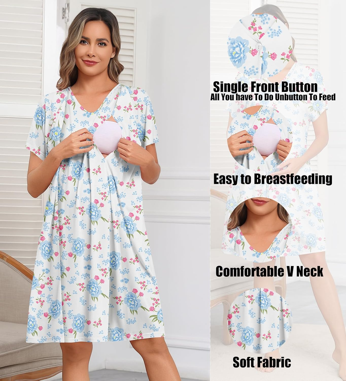 SWOMOG Nursing Nightgown 3 in 1 Labor and Delivery Hospital Gown Maternity Dress Short Sleeve Birthing Robe for Breastfeeding image number 6