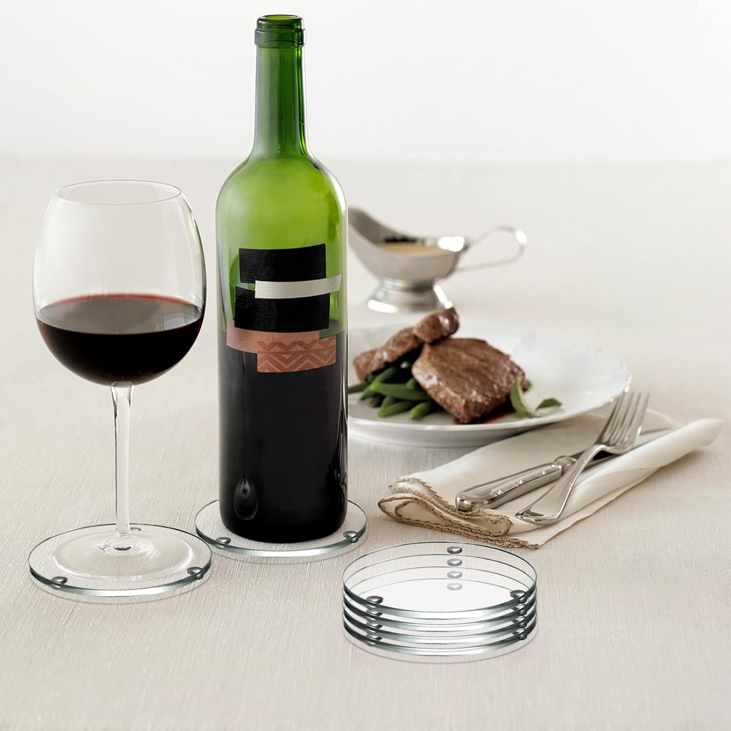 YOUEON Set of 6 round Glass Drink Coasters, 3.5 Inch Crystal Coasters Decorative Glass Plates Clear Glass Coasters for Mugs, Cups, Dining Tables, Office, Kitchen, Home Decor and Parties image number 4