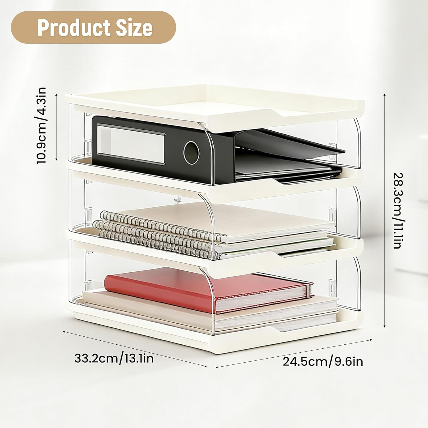 Desk Organiser and Storage, 4-Tier Paper Letter Tray Organiser, Stackable Clear Desktop Organiser, Storage Compartments, Stackable Order for Documents, Paper, Book Magazine, Office Supplies