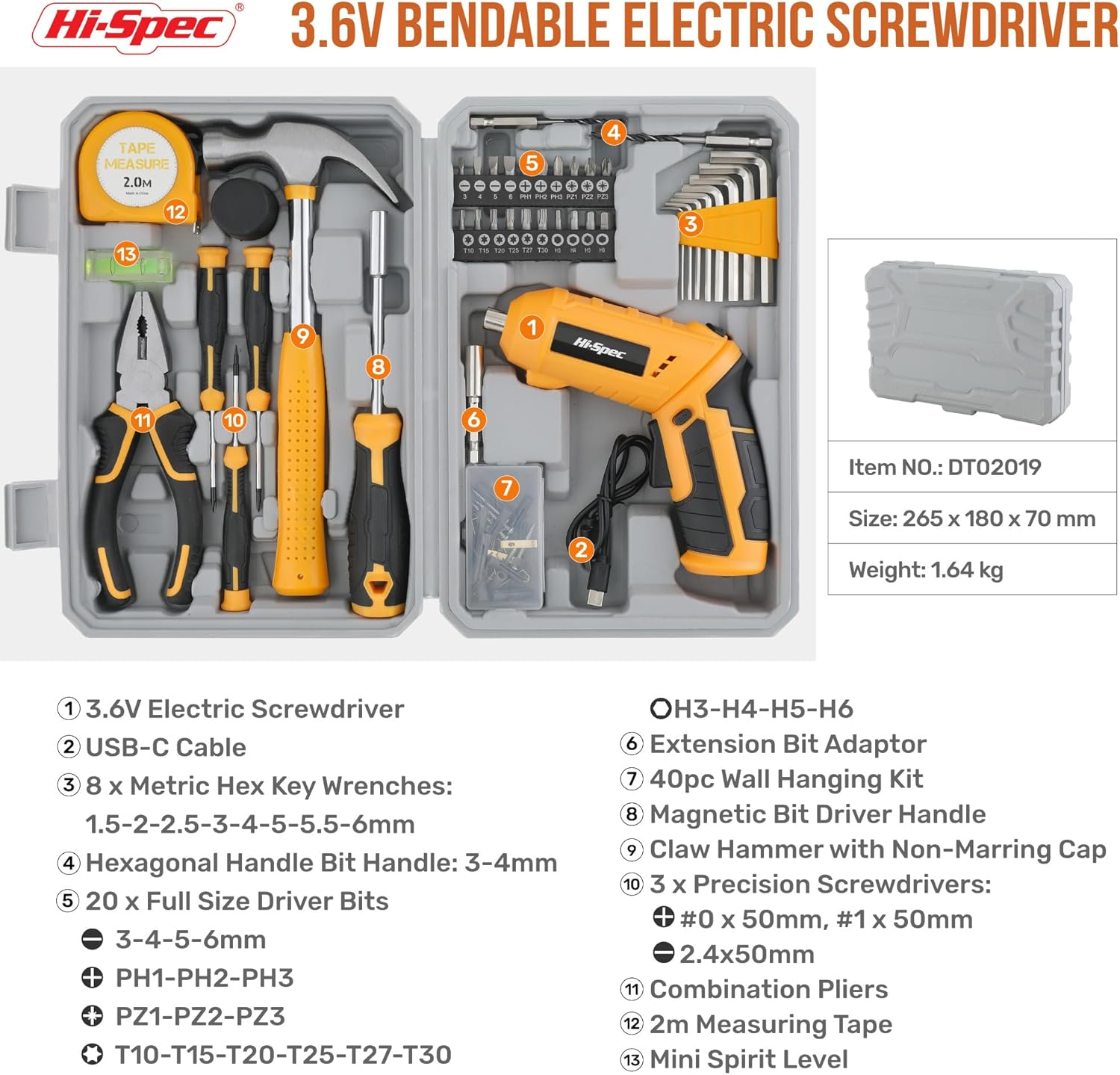 Hi-Spec 42Pc 4V USB Electric Power Driver & Household Tool Kit. Cordless Power Screwdriver and Hand Tools in a Compact Box Case - Yellow 42 image number 2