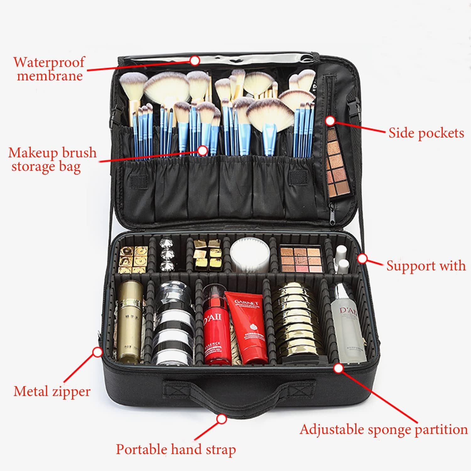 Large Makeup Case, 15.7X11.4X5.1Inch Travel Makeup Bag Makeup Organisers, Professional Cosmetic Case Brush Holder with Brush Slots Adjustable Divider Waterproof Material (XL, Black) image number 4