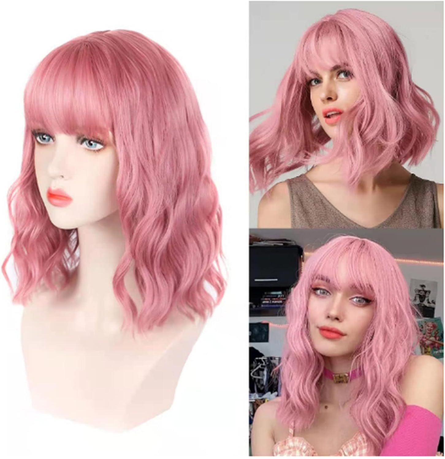 Curly Wig, Short Elegant Synthetic Fake Curly Wig with Bangs for Christmas for Women (Light Pink) image number 1