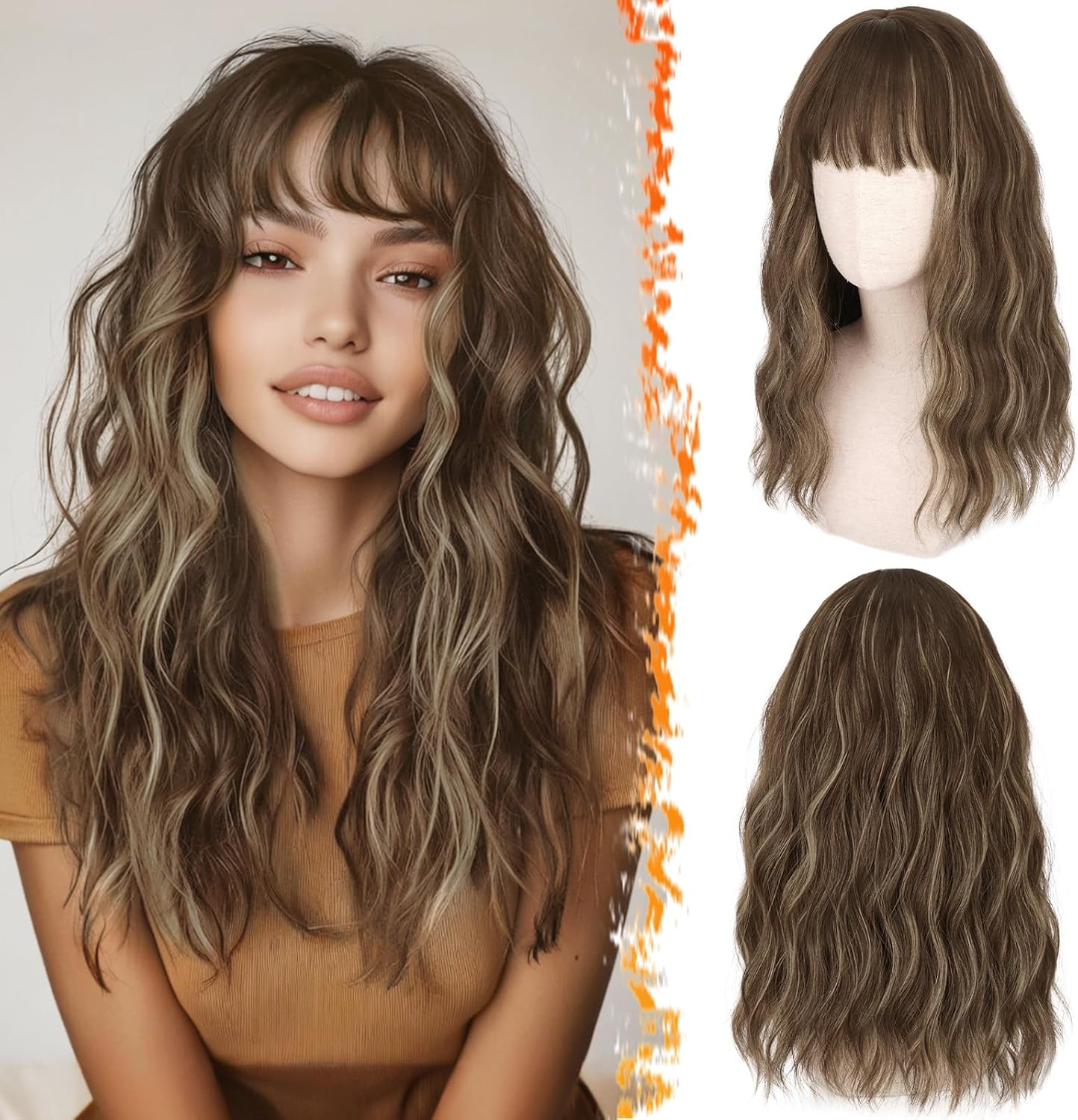 BARSDAR 46 Cm Medium Long Wavy Brown Wig with Fringe, Wig with Fringe for Women, Curly Wavy Heat Resistant Synthetic Shoulder Length Wig Cosplay Party - Light Chocolate Brown