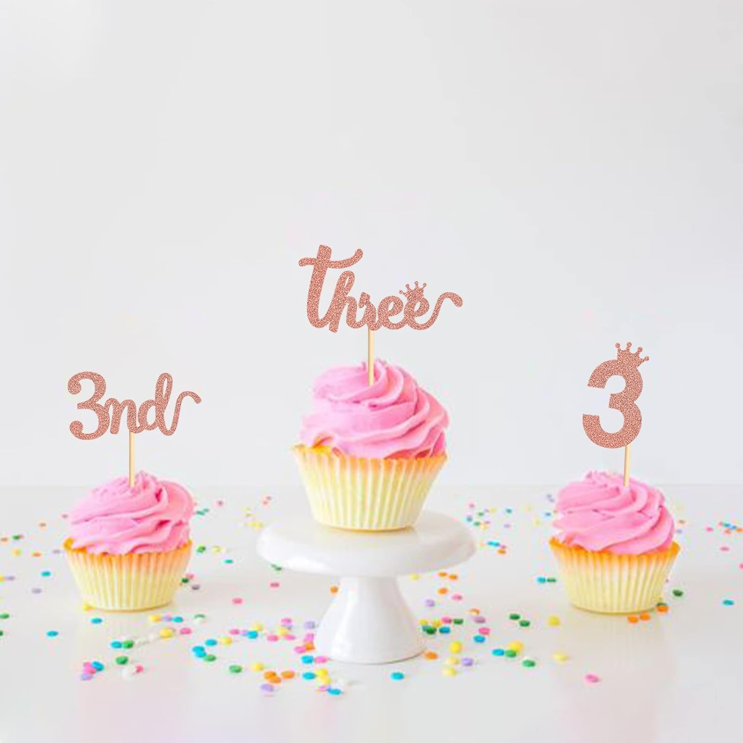 24PCS 3Nd Crown Birthday Cupcake Toppers Three Birthday Three Cupcake Picks Baby Shower Theme Prince Crown Party Cake Decorations Supplies Rose Gold image number 4