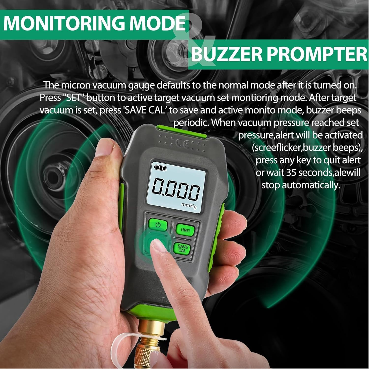 Digital Vacuum Gauge, 0‑10000Pa Micron Vacuum Gauge, 7/16Inch 20UNF Interface, IP54 Rating Digital Vacuum Micron Meter with Large Screen Display for Atmospheric Environment image number 2