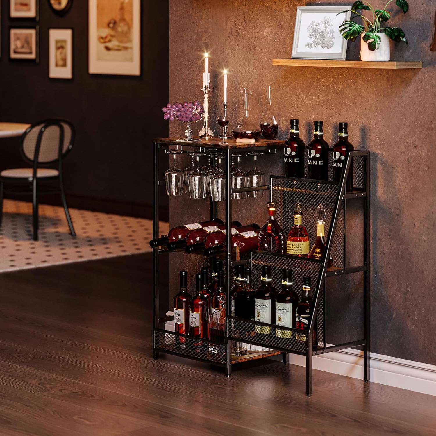 Versatile Liquor Stand for Home Bar, Wine Rack Freestanding Floor, Mini Bar Table for Liquor Whiskey Wine, 3-Tier Trapezoidal Liquor Bottle Display Shelf with Glass Holder and Fences(Patent Pending) image number 3