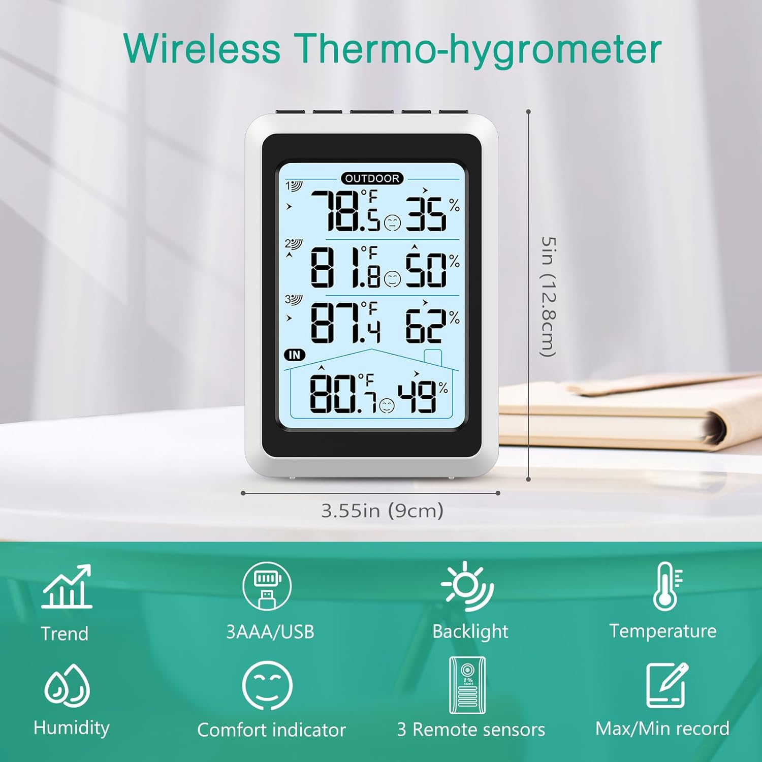 ORIA Digital Thermometer Hygrometer, Indoor Outdoor Temperature Humidity Monitor with 3 Remote Sensors, Wireless Thermometer with Backlight, Comfort Icon, Min/Max Records, for Home, Garden, Greenhouse image number 5
