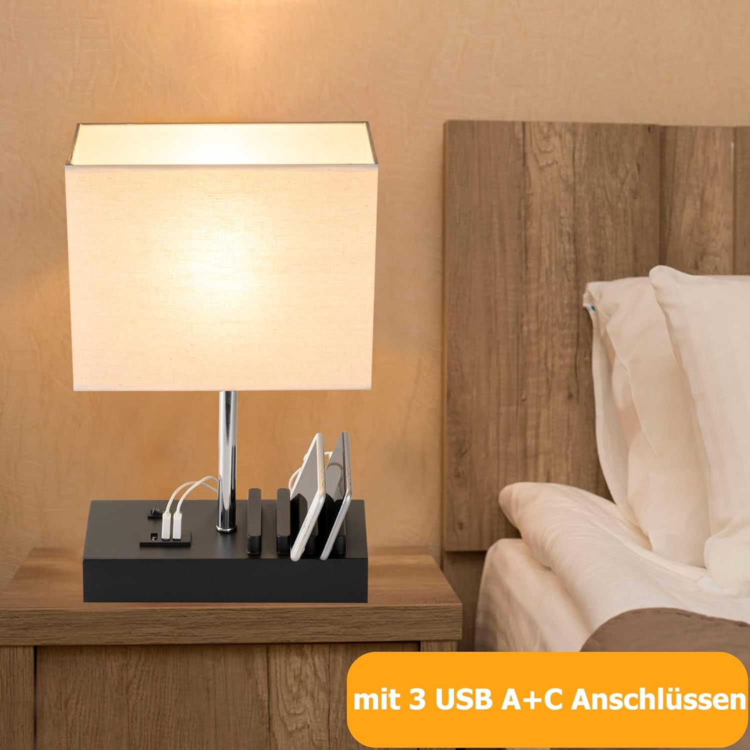 Dreamholder Table Lamp with 3 USB A+C Ports, 3 Phone Stands, Modern USB Bedside Lamp for Bedroom, Living Room, Office, Bedside Lamp with Black Wood Base & Fabric Shade - Black Wooden Base image number 5