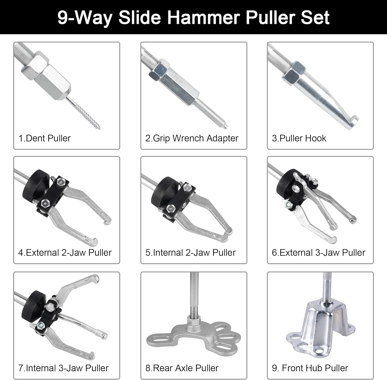 DAYUAN 9 Way Slide Hammer Axle Bearing Dent Hub 2 3 Internal External Gear Puller Set image number 3