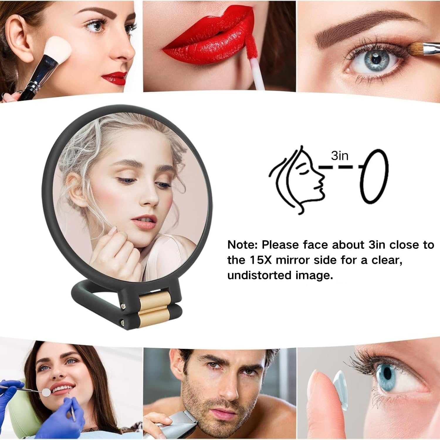 15X Magnifying Mirror, Travel Hand Mirrors with Handle, Double Side Handheld Mirror with 1X 15X Magnification & Adjustable Handle/Stand, Hand Held Foldable Travel Mirror for Makeup image number 2