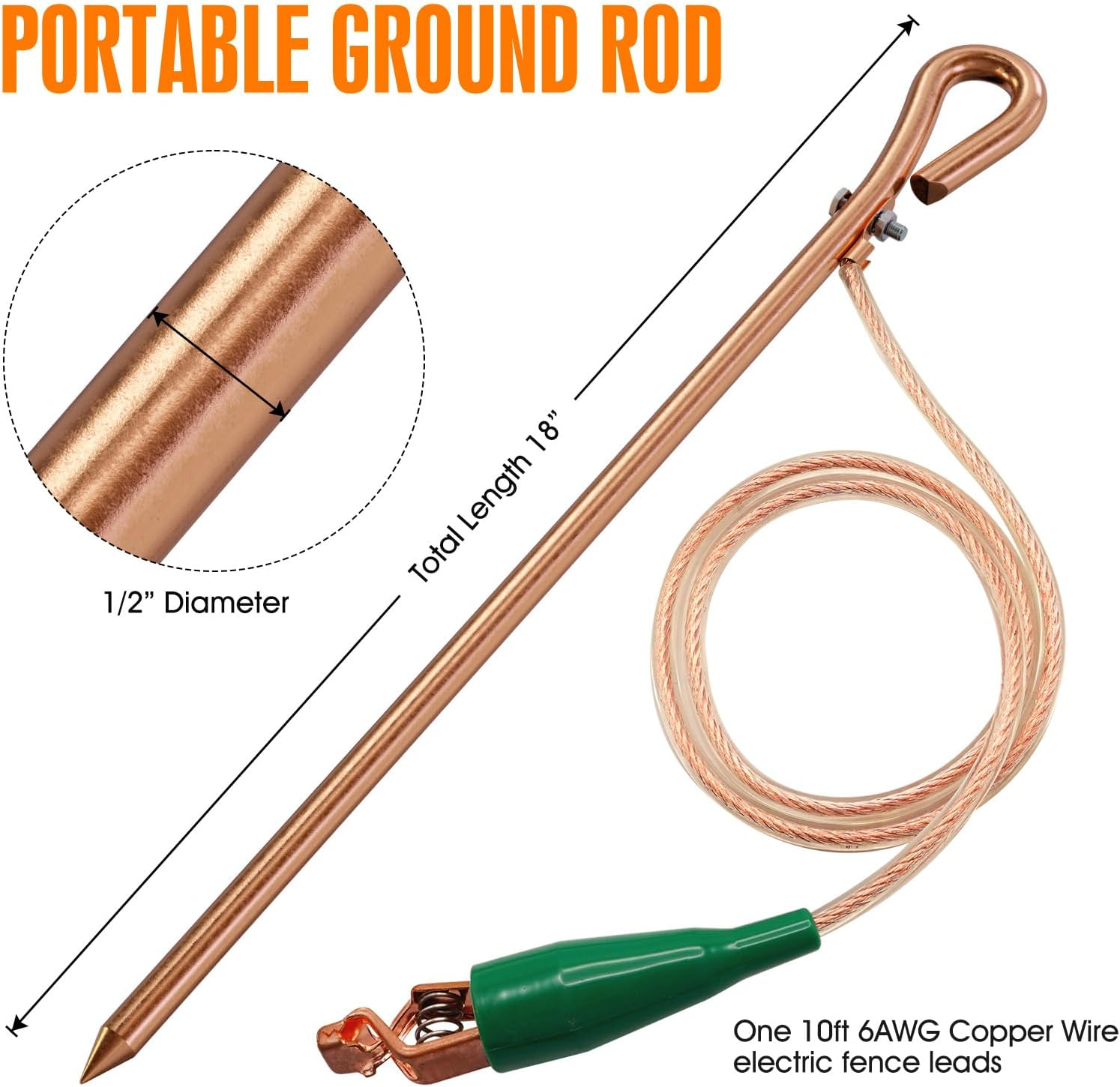 Portable Grounding Rod with 4Ft Long Flexible Bonding Wire with Copper Clip image number 5
