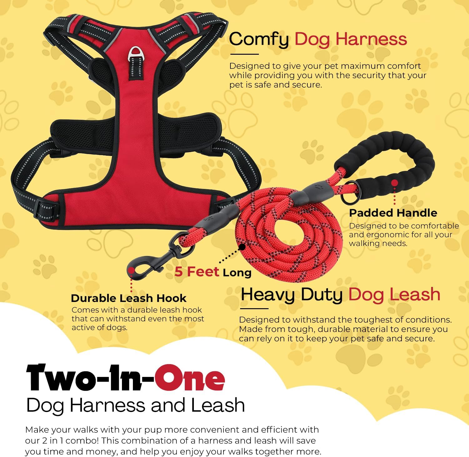 No Pull Dog Harness,Oxford Dog Vest Harness, Reflective No-Choke Pet Harness with Easy Control Soft Handle Walking Dog Harness,Double Padded, Adjustable, Small to Large Dogs Incl Bonus Leash (Red, XL) image number 6