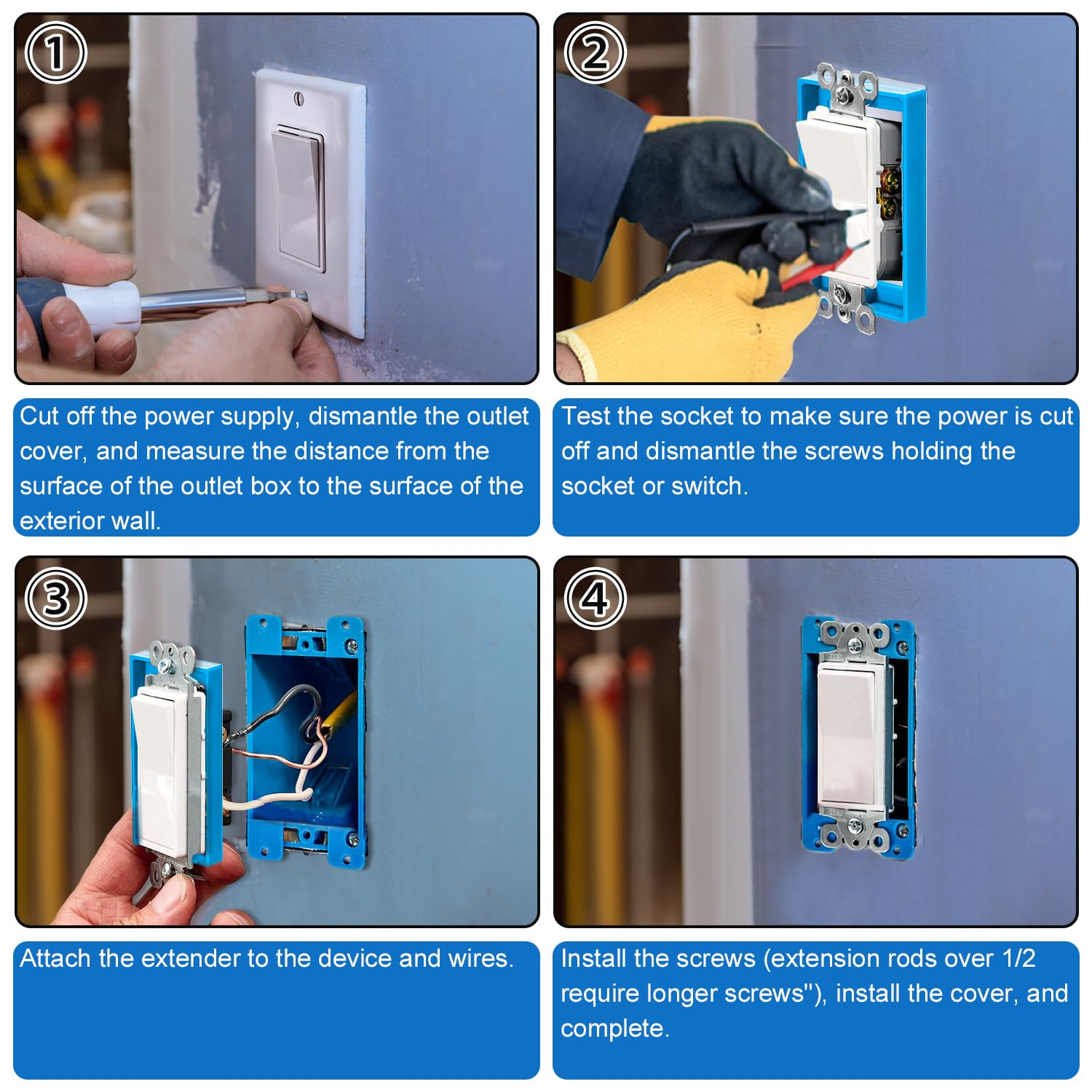 3 Pieces Electrical Box Extender Single Gang 1/2" Electrical Box Extender Junction Box Extender for Electrical Box and Electrical Outlet Switches (Blue) image number 2