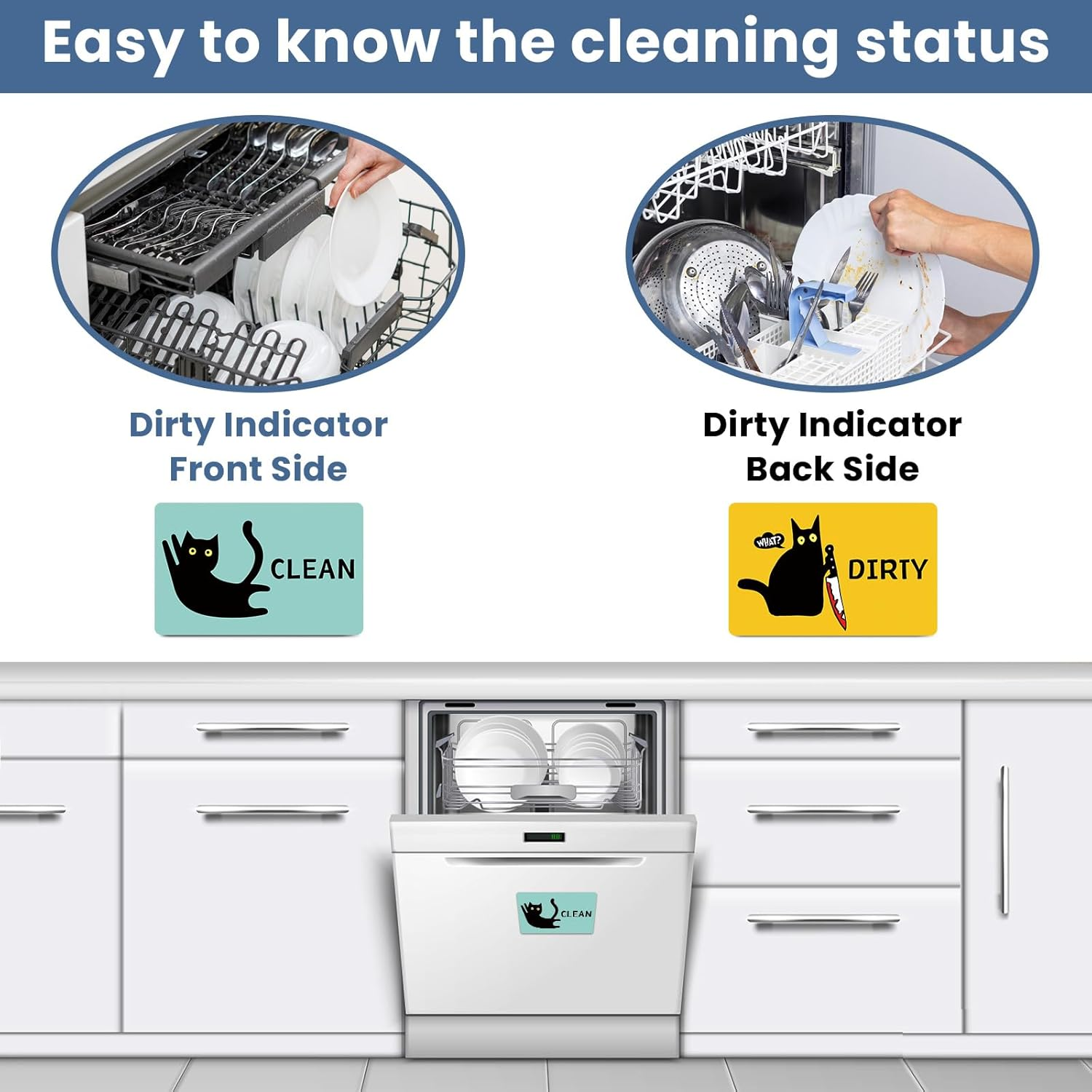 HSSPIRITZ Funny Cat Cute Cartoon Clean Dirty Dishwasher Magnet,Washing Machine Magnet Flip,Black Cat Kitchen Refrigerator Clean Dirty Sign,Double Sided Strong/Non Scratch(Black Cat) image number 5