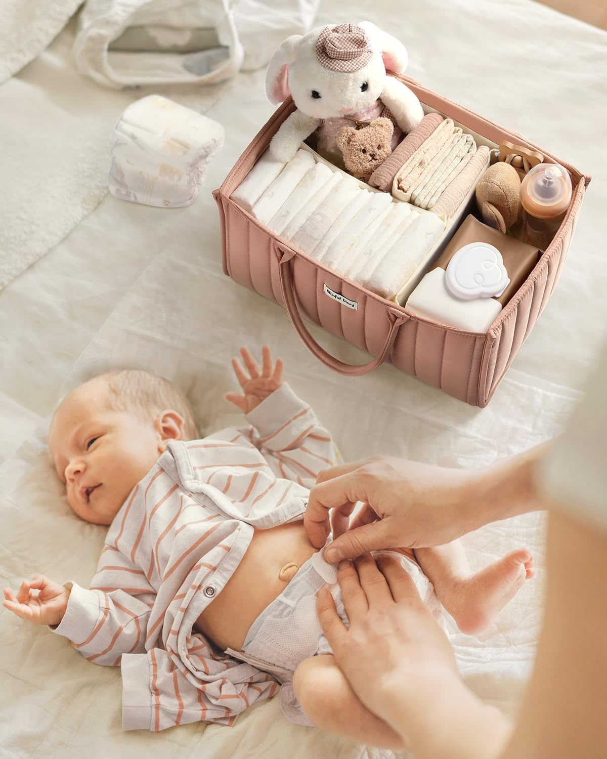 Blissful Diary Baby Nappy Caddy Organiser, Stylish Baby Diaper Caddy Storage Basket for Newborn Essentials and Diaper Station, Blush Pink - Sage Green image number 7