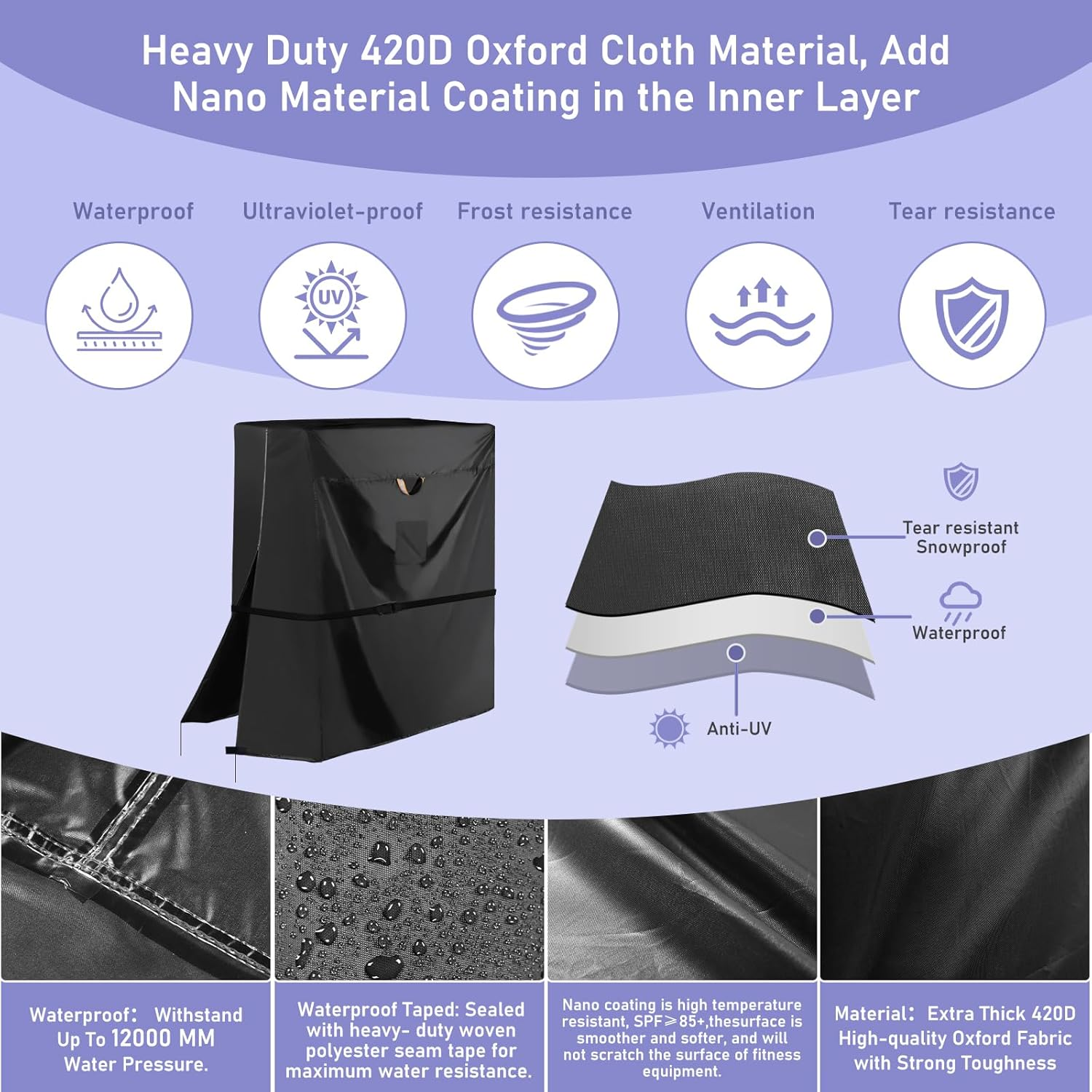 Treadmill Cover Waterproof Outdoor,Heavy Duty 420D Folding Running Machine Protective Cover with Waterproof Zipper Easy to Put On,Air Vent,Windproof Buckle,Universal Fit for Fodable Treadmills image number 6