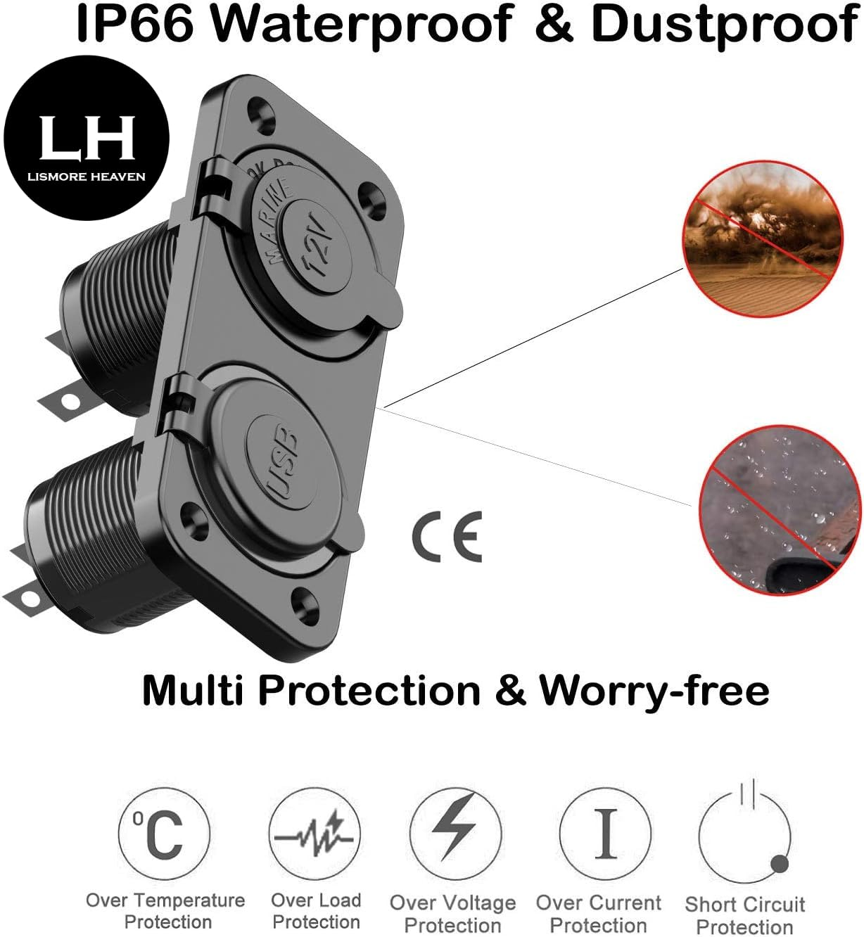 LH-QC 3.0 USB Outlet 12V Boat Marine Waterproof Cigarette Lighter Socket Splitter 12 Volt DC Power Charger Adapter DIY Kit with Blue LED Dual USB Ports for Rocker Switch Panel on Car RV Golf Cart ATV image number 4