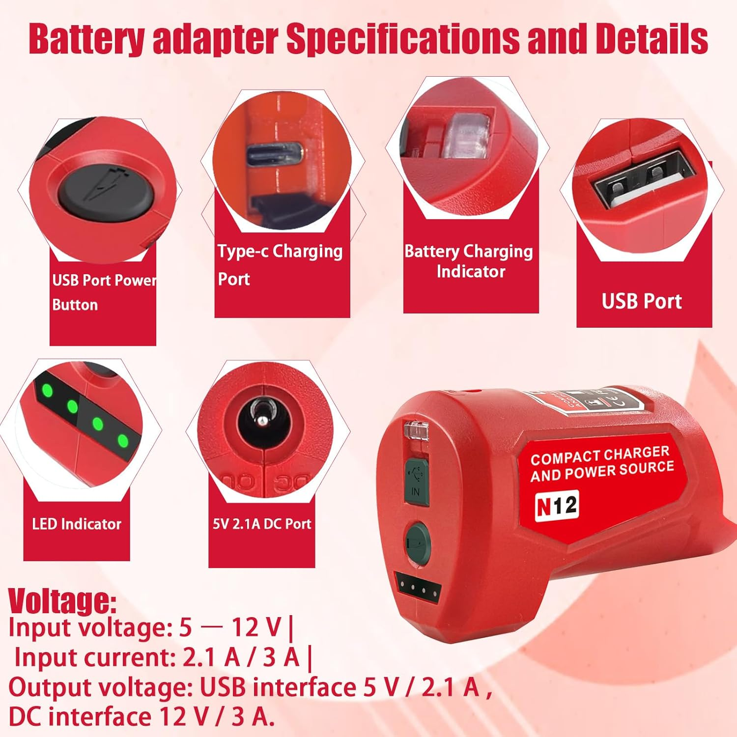 M-12 Battery Charger with Type-C Port & DC 12V Outlet，Power Source Replacement for Milwaukee M12 12V Battery Adapter for Milwaukee Heated Jacket 49-24-2310 Compatible with 48-11-2420 48-11-2411