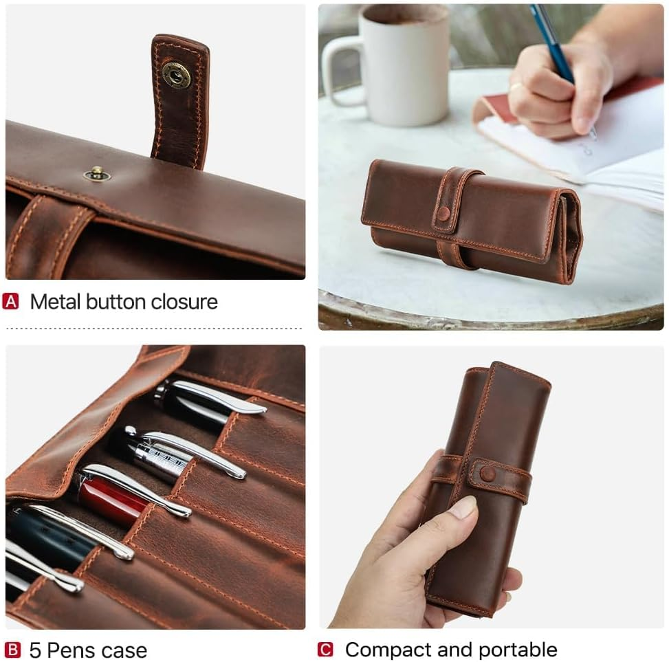 Contact'S Family Genuine Leather Fountain Pen Case for 5 Pens Jewelry Roll Large Capacity Leather Pen Case Pen Holder image number 6