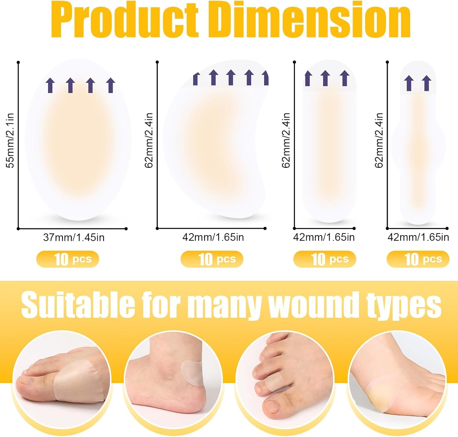 Blister Pads Bandages, 40Pcs Hydrocolloid Waterproof Adhesive Bandages, Invisible Gel Blister Cushionsfor Foot, Toe, and Heel Blister Prevention and Recovery (4 Styles)(40Pcs) image number 5